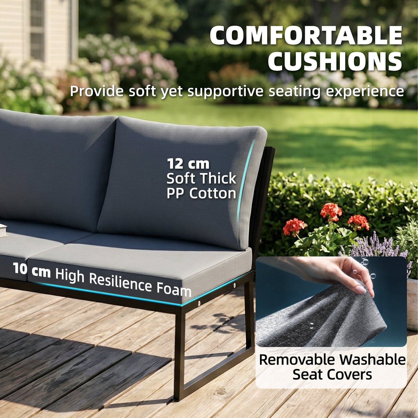 Outsunny 4 Seater Metal Garden Furniture Set With Corner Sofa, Two Loveseats, Two Nesting Tables And Teak Finish