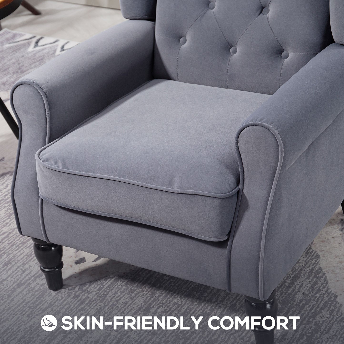 HOMCOM Wingback Accent Chair Retro Upholstered Tufted Armchair for Living Room and Bedroom Charcoal Grey