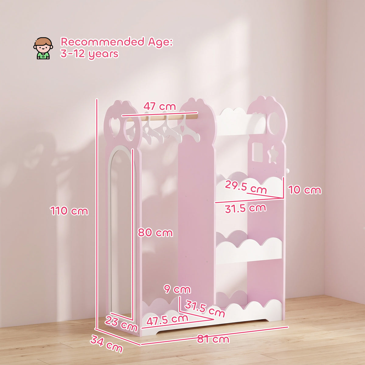 AIYAPLAY Kids Pink Wardrobe With Mirror Clothes Rail And Storage Shelves