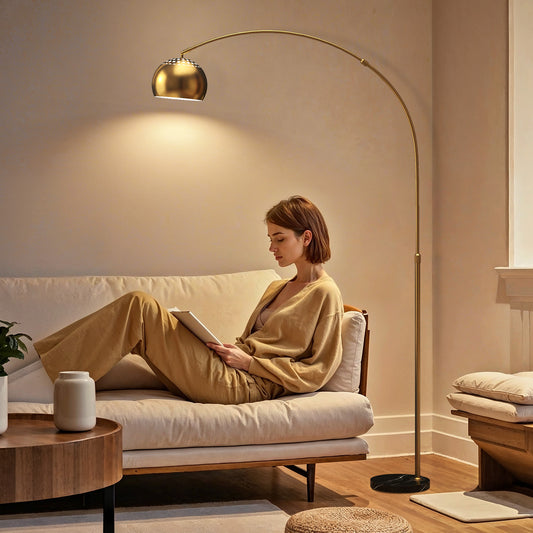 Homcom 167cm Arc Floor Lamp In Gold Tone With Faux Black Marble Base And Bell Shade, Adjustable Foot Switch Living Room