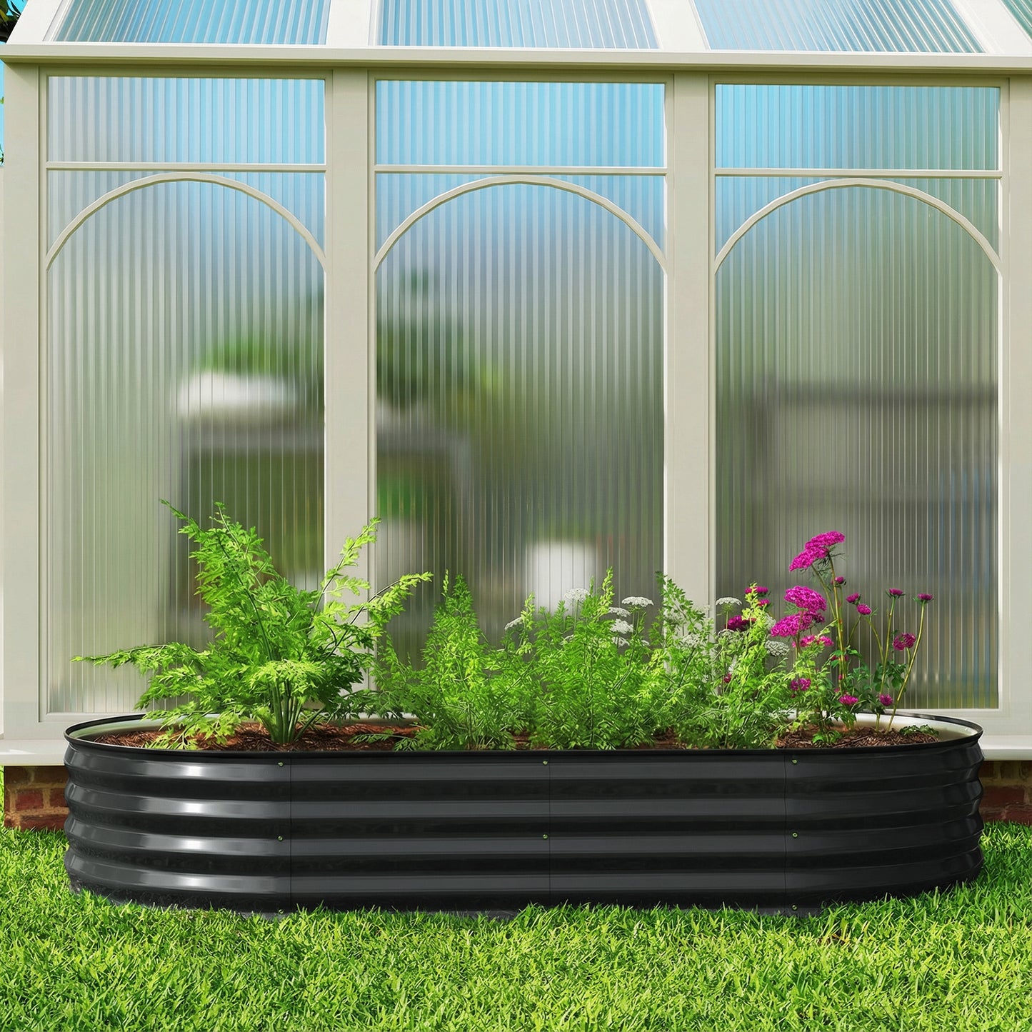 Outsunny Galvanised Raised Garden Bed With Safety Edging Planter Box For Flowers Herbs Succulents Dark Grey