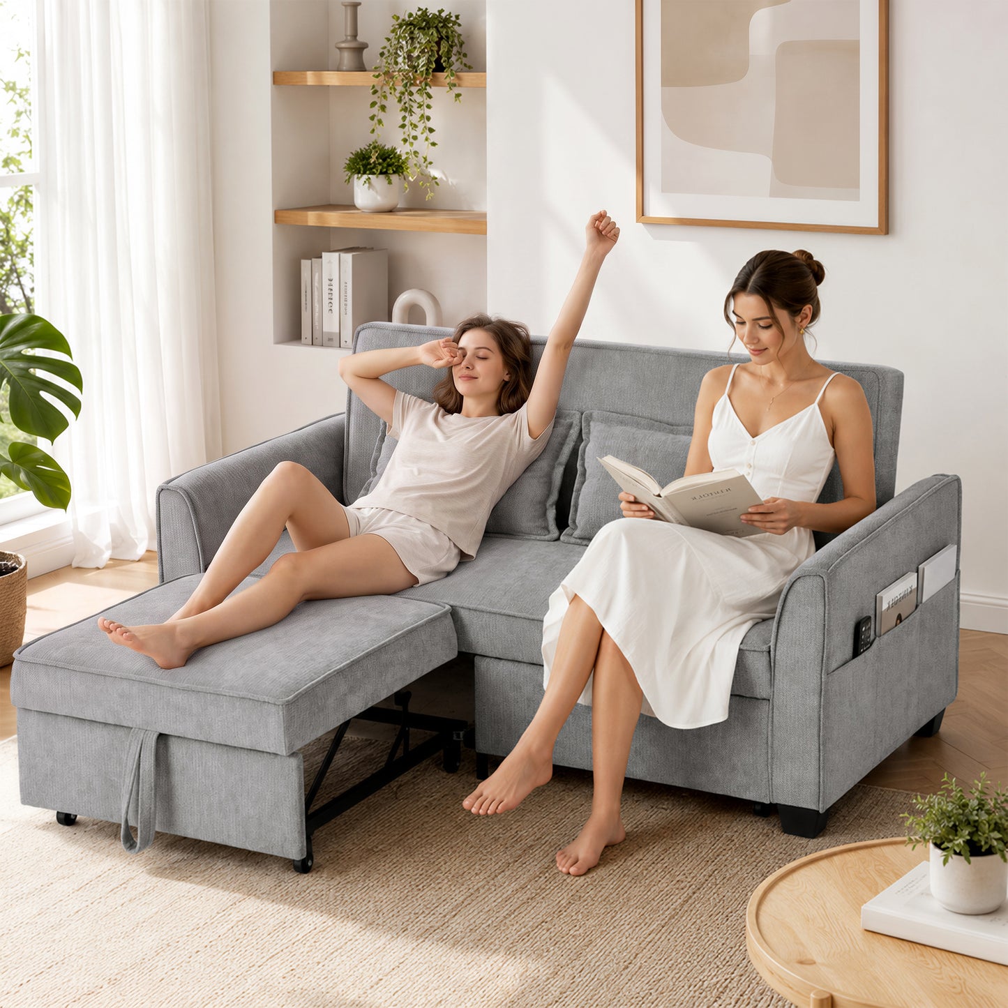 HOMCOM 2 Seater Sofa Bed 4 In 1 L Shaped Convertible Pull Out Sleeper With Adjustable Backrest And Side Pockets Grey