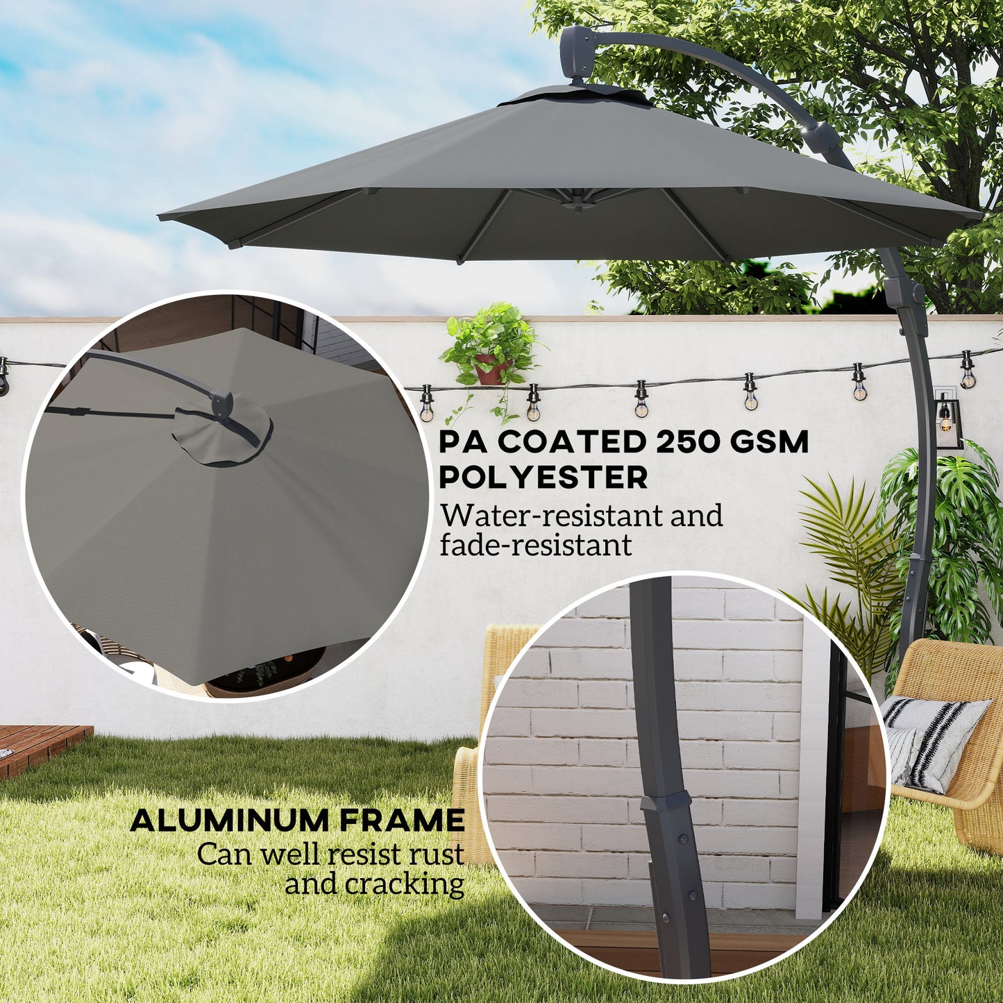 Outsunny 3m Cantilever Parasol Banana Patio Umbrella with Crank Handle Aluminum Frame Cross Base 360 Rotation Grey