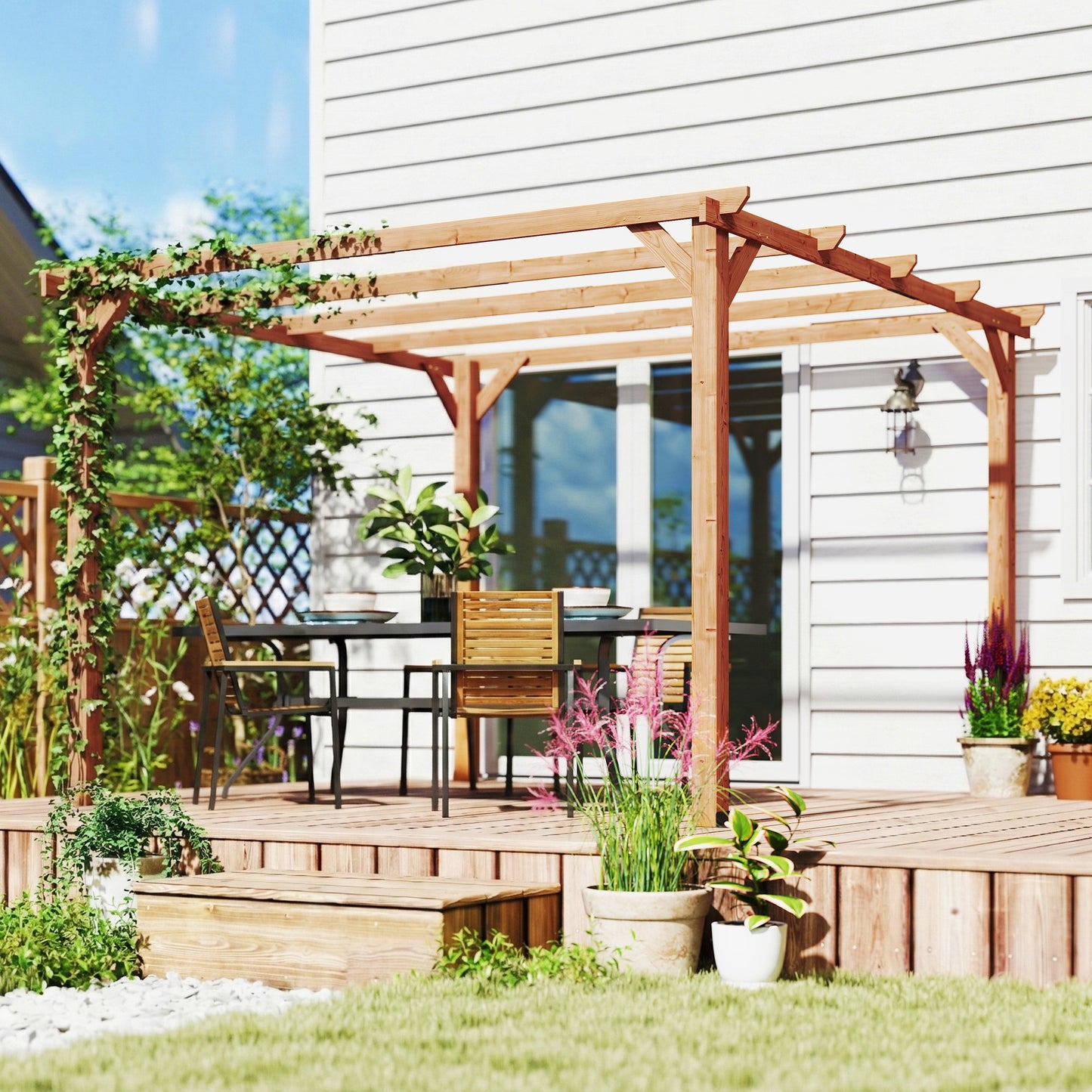 Outsunny 3x3m Wooden Pergola Kit Garden Gazebo Grape Trellis With Triangle Supports Five Beams Maple Wood Effect