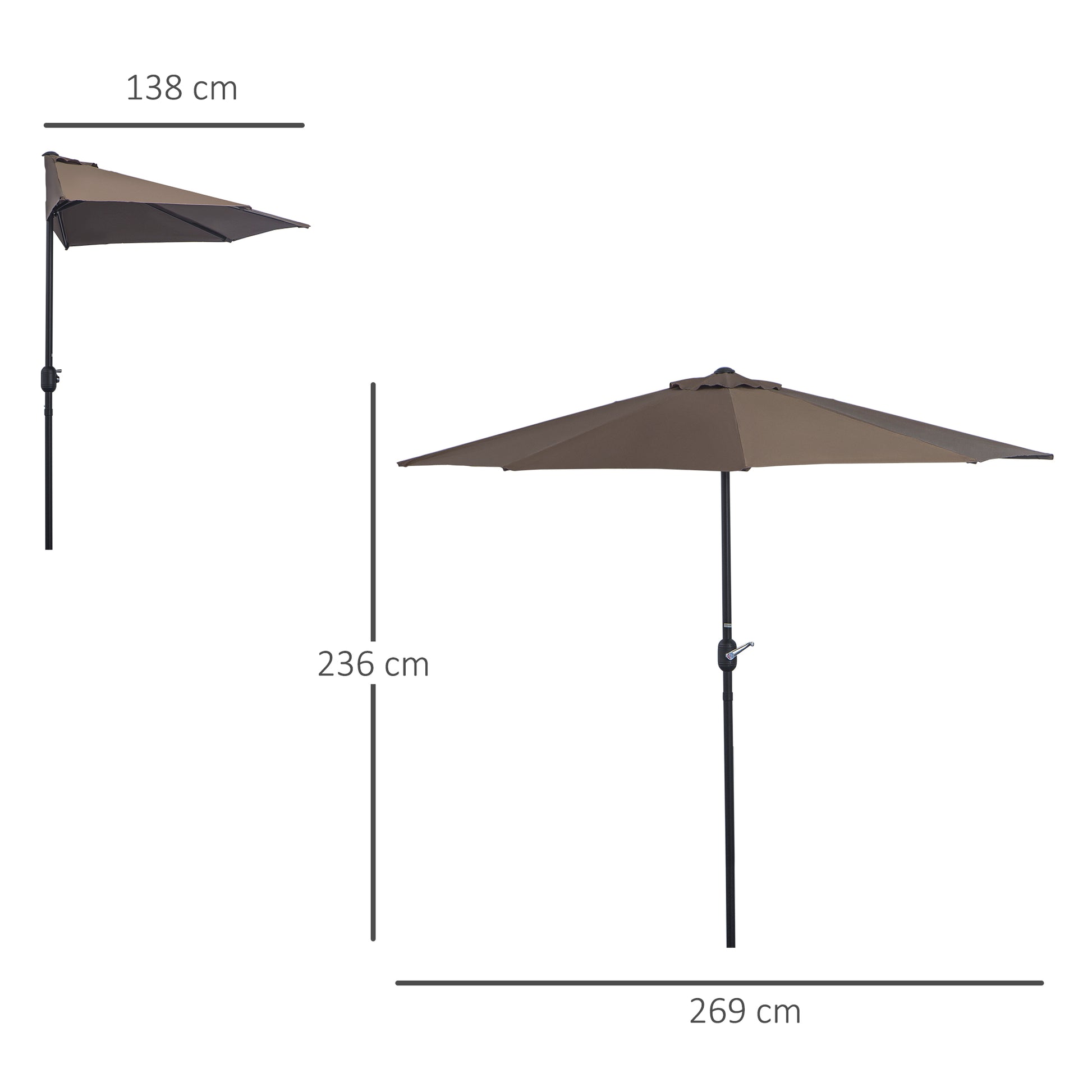 Outsunny 2.7m Compact Balcony Half Umbrella - Brown Garden Patio Shade with 5 Steel Ribs - ALL4U RETAILER LTD