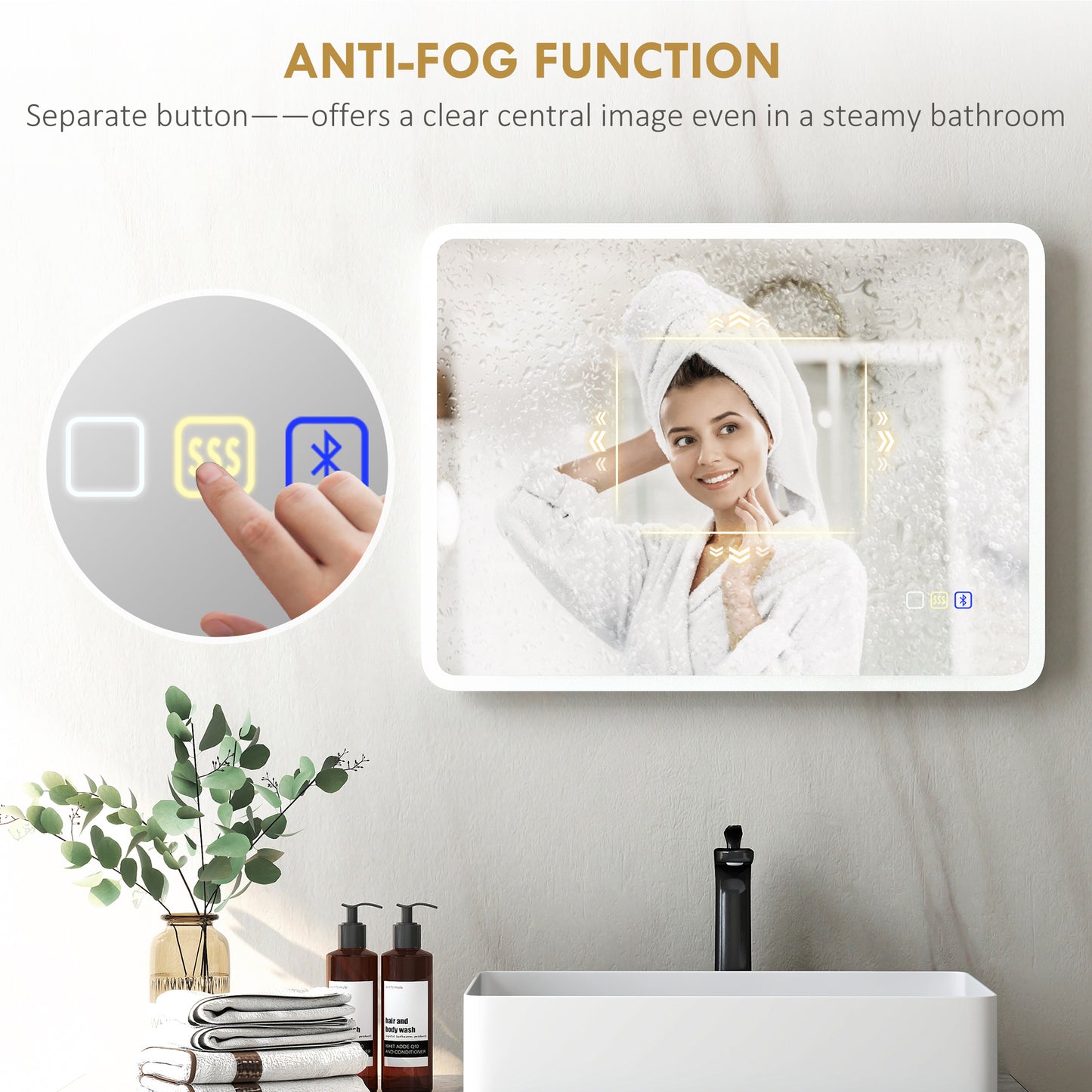 HOMCOM 80x60cm LED Bathroom Mirror With Bluetooth Demister Pad Adjustable Brightness Three Light Modes Silver Tone