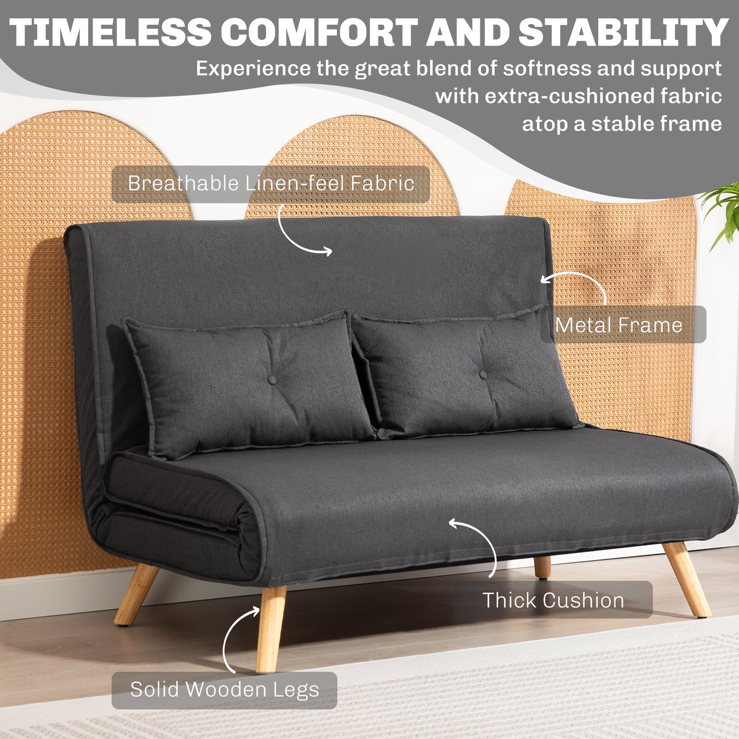 Homcom Two-Seater Linen-Look Sofa Bed Charcoal Grey With Click-Clack Mechanism For Day To Night Comfort