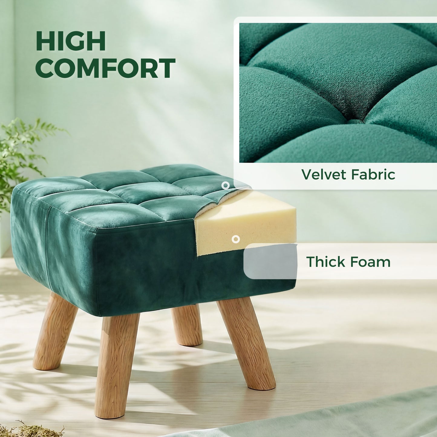 HOMCOM Velvet Square Padded Footstool with Tufted Top and Wooden Legs Dark Green