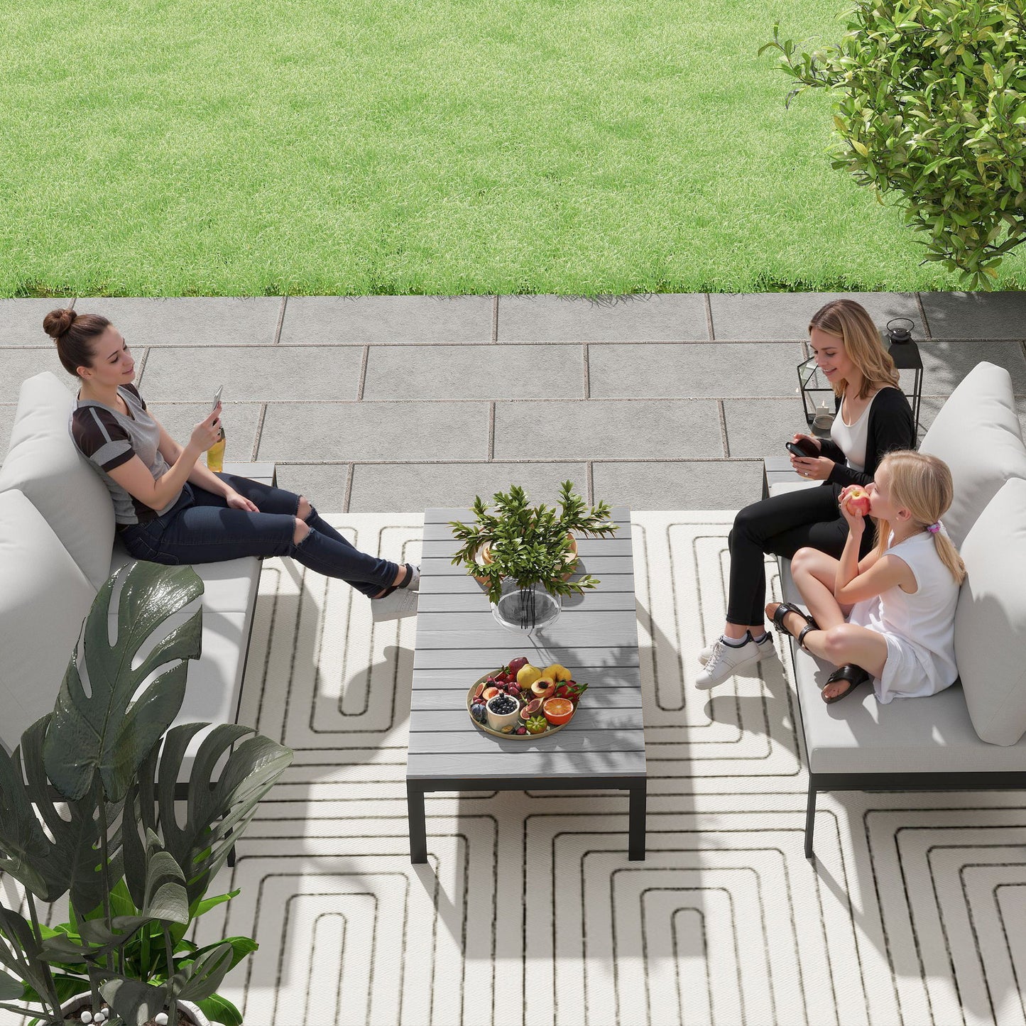 Outsunny Four Piece Garden Corner Sofa Set With Two Loveseats And Two Coffee Tables Grey