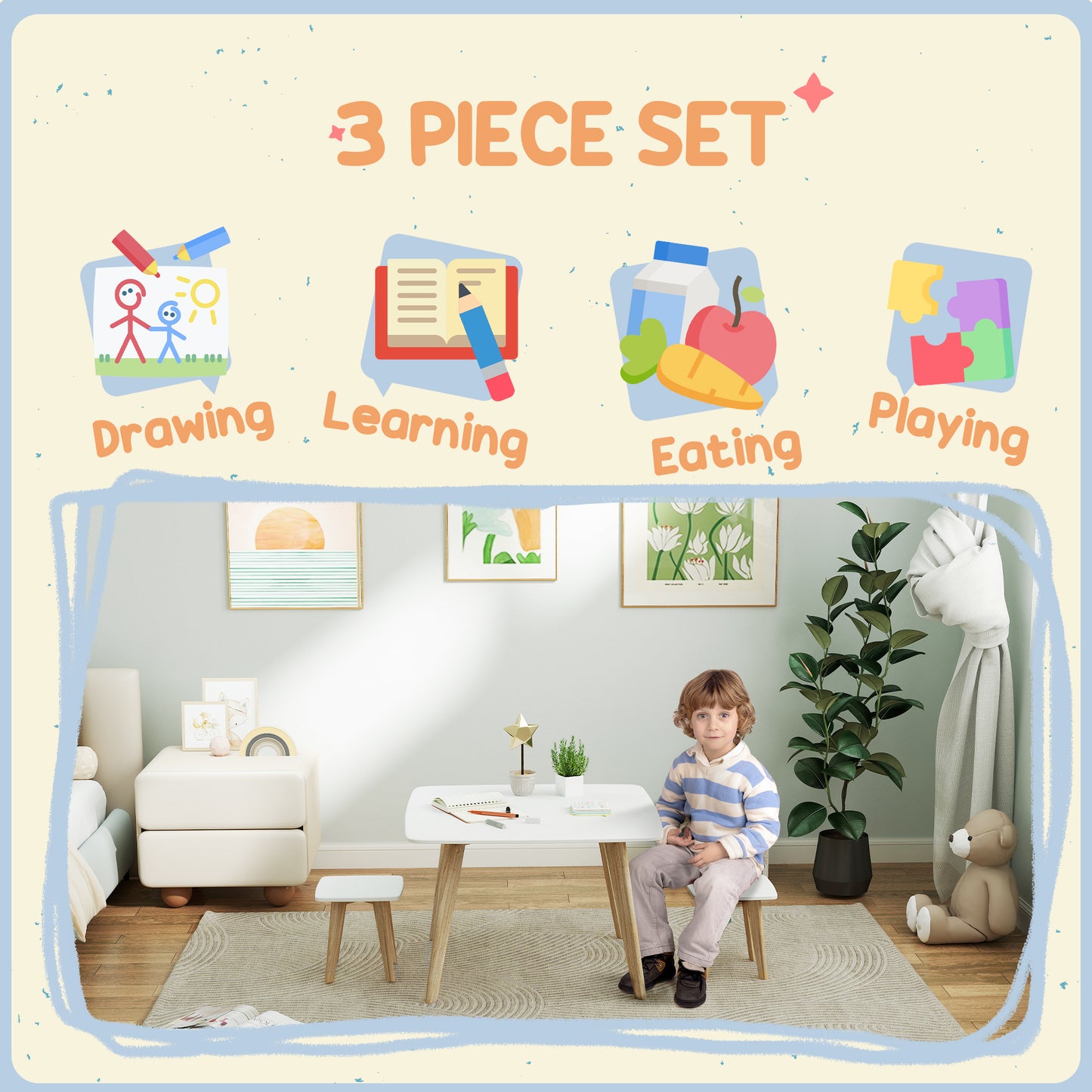 AIYAPLAY Toddler-Friendly 3-Piece Table and Chair Set for Playroom and Bedroom