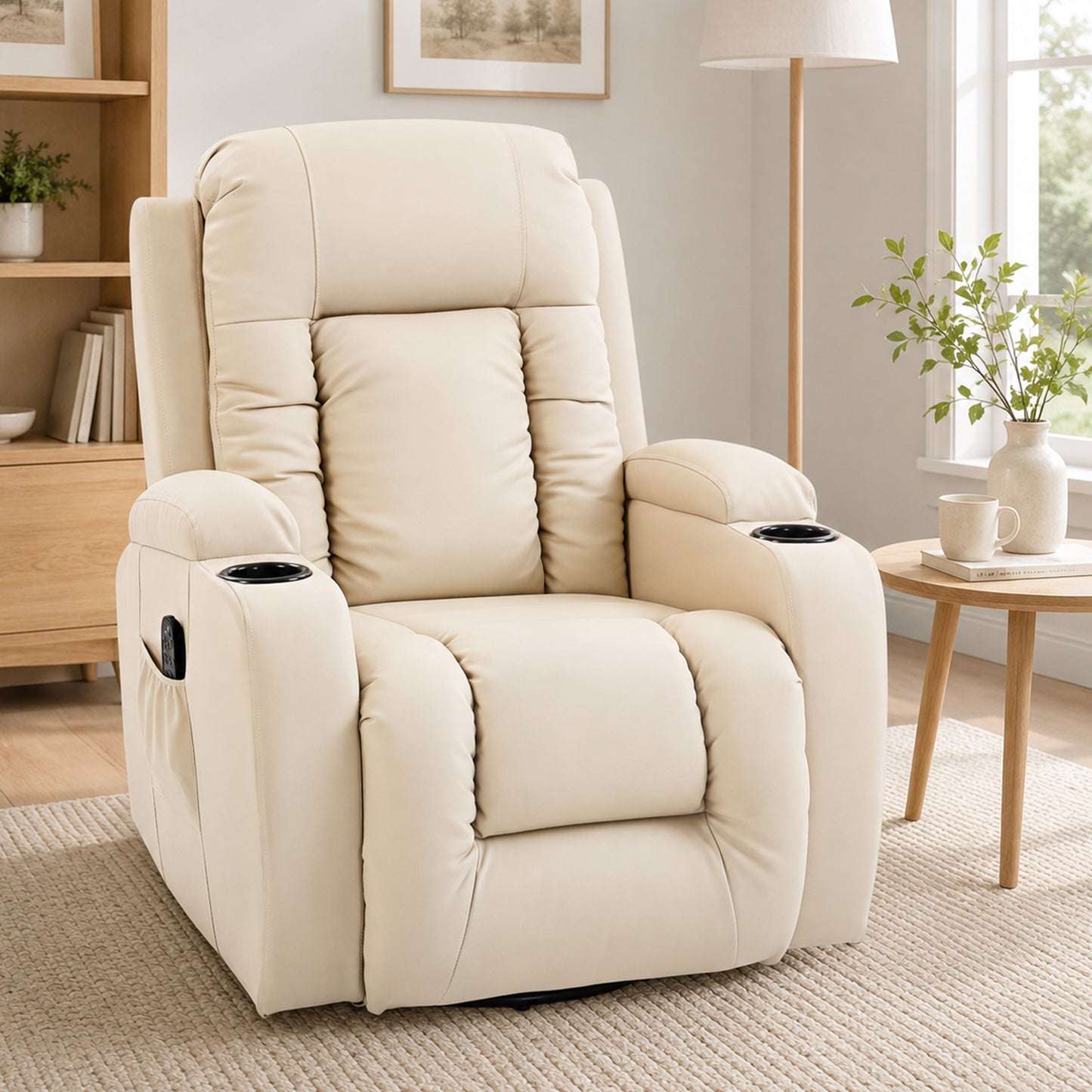 HOMCOM PU Leather Eight Point Vibrating Massage Recliner Chair With Extended Footrest Cup Holders Side Pockets Cream