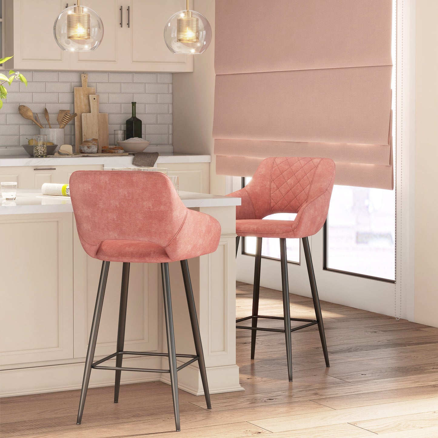 HOMCOM Elegant Pink Velvet Bar Stool Set - ALL4U RETAILER LTD