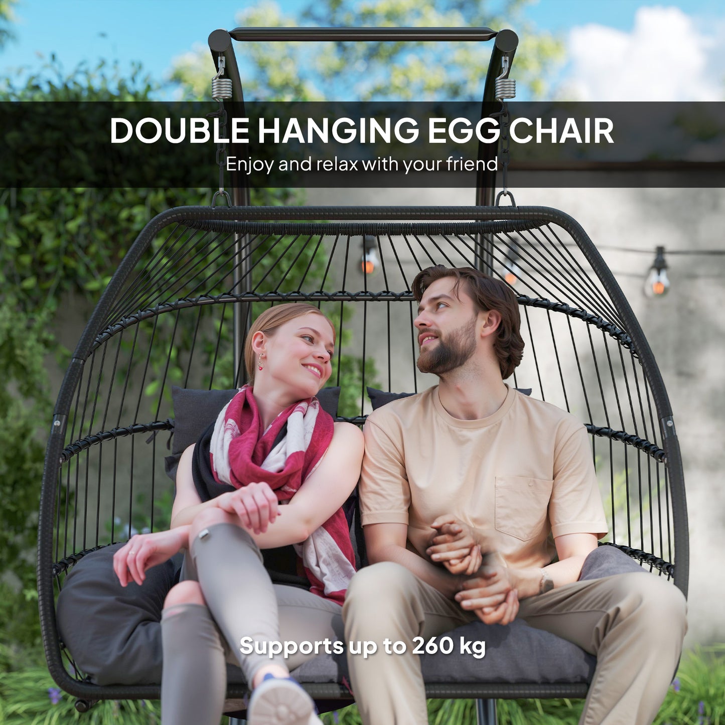 Outsunny Rattan Double Hanging Egg Chair With Stand Foldable Wicker Swing Cushion Pillows For Indoor Outdoor Dark Grey