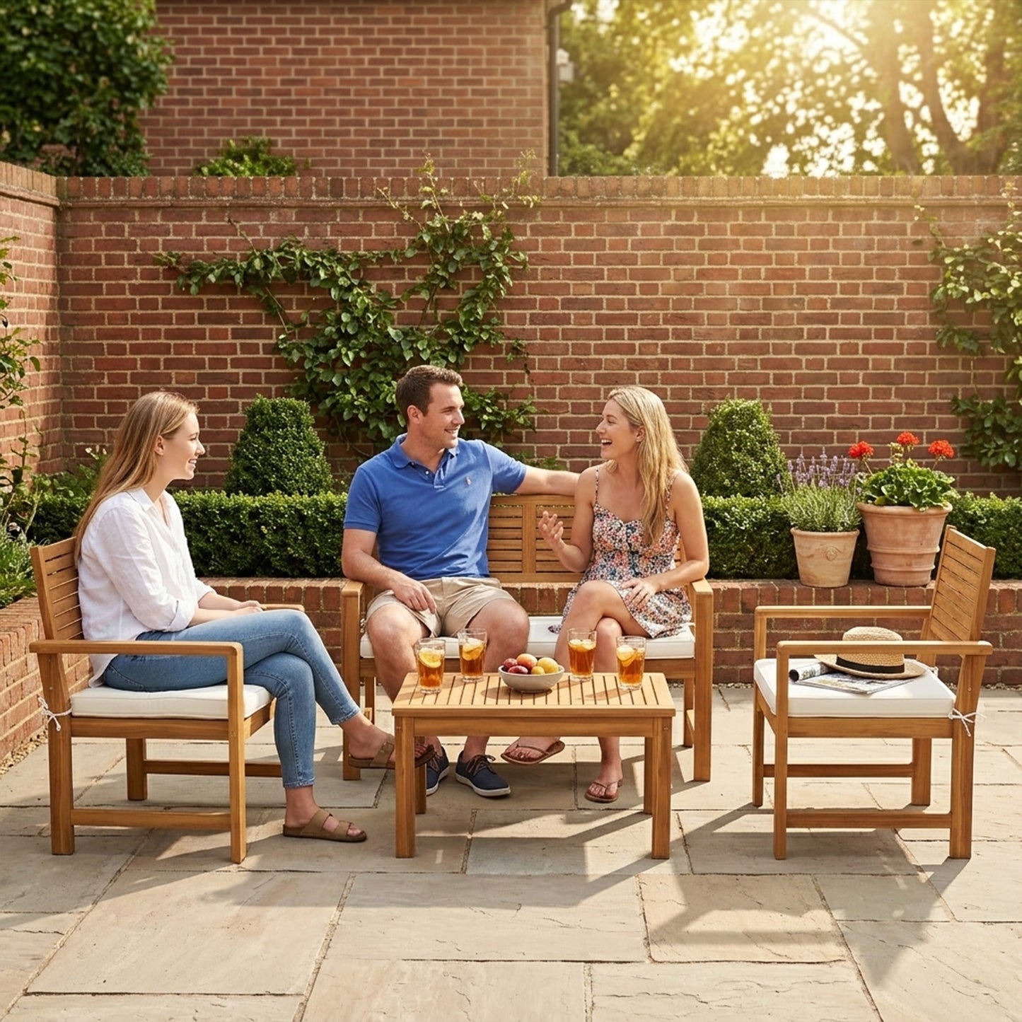 Outsunny 4 Seater Wooden Garden Furniture Set With Loveseat Armchairs And Table In Acacia Wood Cream White