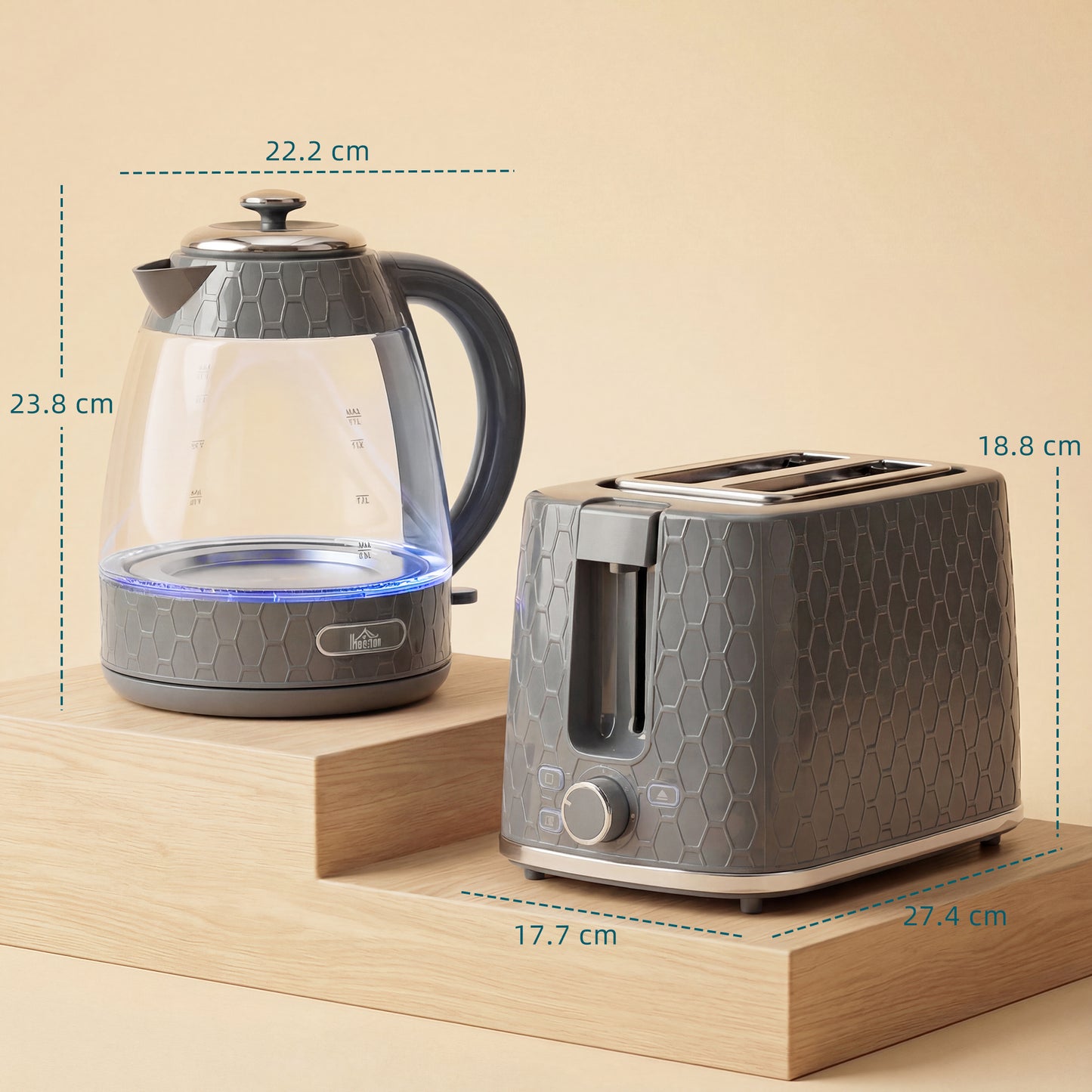 HOMCOM Kettle And Toaster Set 1.7L 3000W With Limescale Filter 2 Slice Toaster Seven Browning Controls Grey