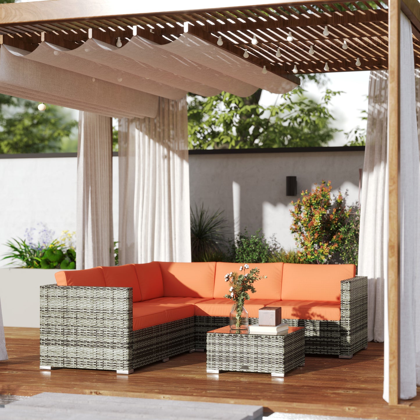Outsunny Four Piece Rattan Outdoor Corner Sofa Set With Glass Table Orange Grey Cushions