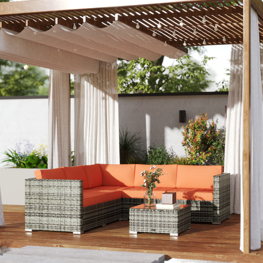 Outsunny Four Piece Rattan Outdoor Corner Sofa Set With Glass Table Orange Grey Cushions