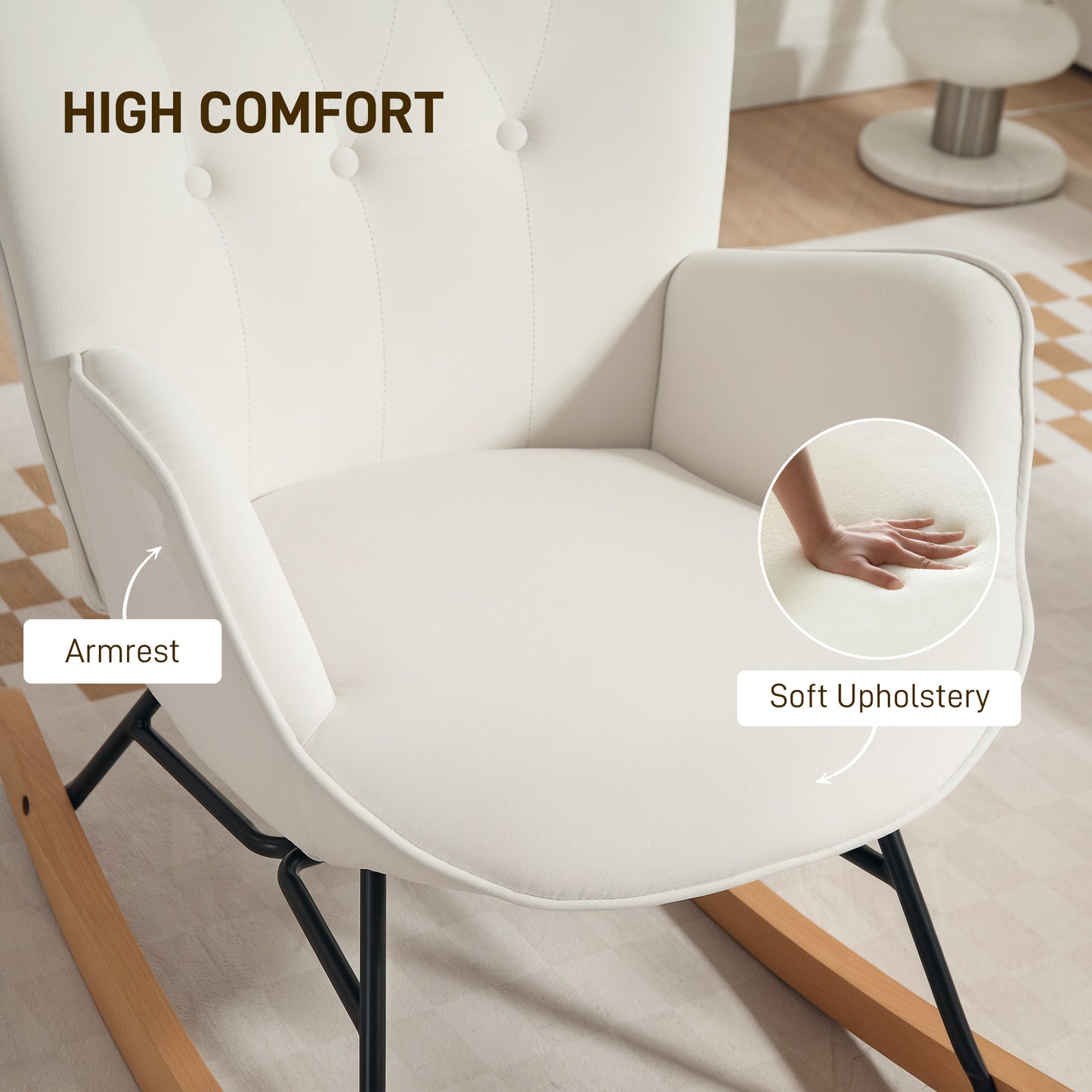HOMCOM Velvet Rocking Chair Armchair With Solid Wood Legs And Metal Frame Cream Living Room Bedroom