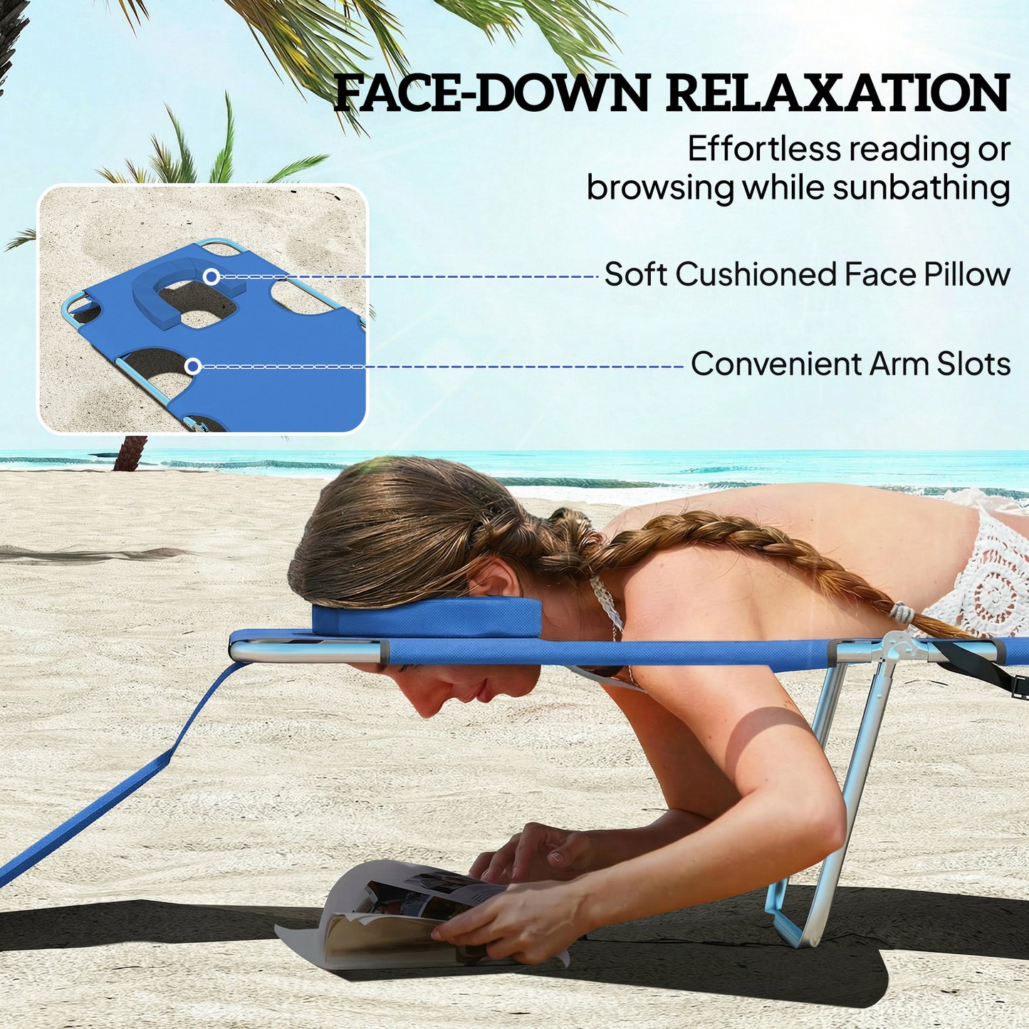 Outsunny Five Position Adjustable Sun Loungers Set Of Two With Reading Hole And Side Pocket In Blue