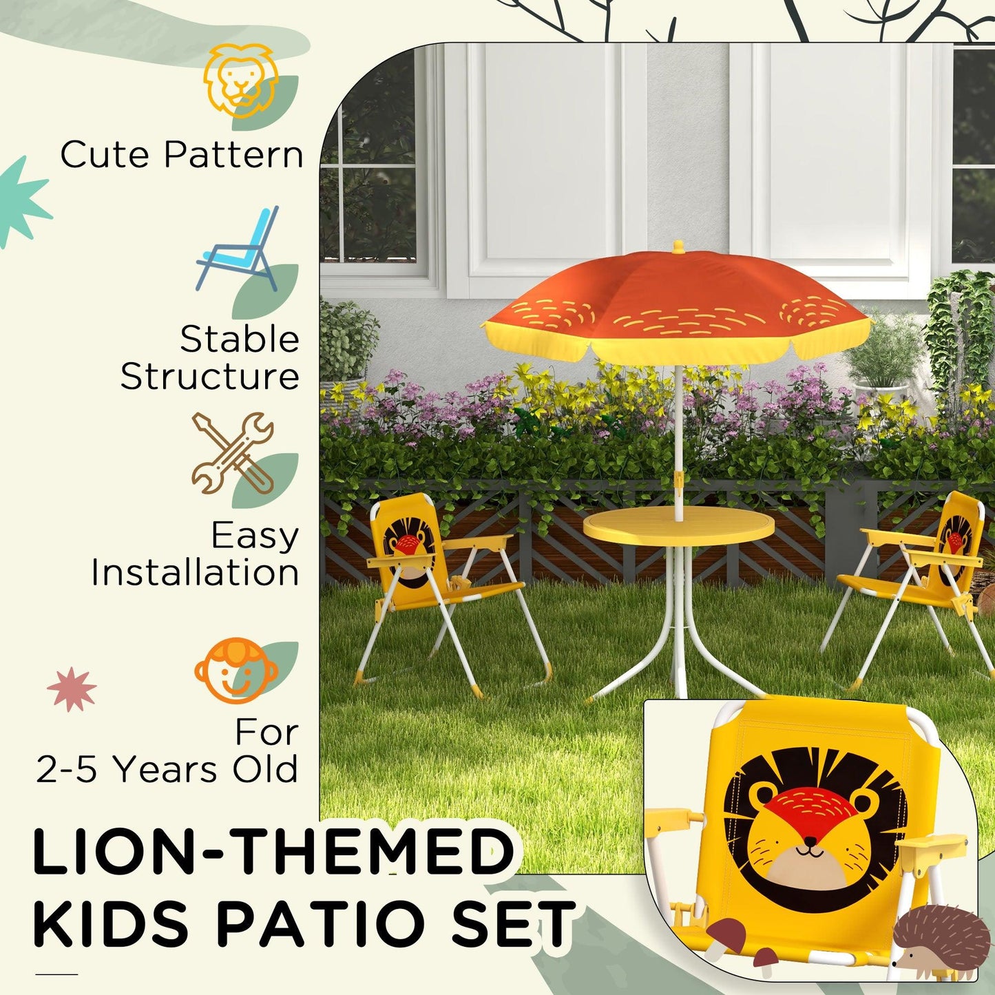 Outsunny Kids Picnic Table and Chair Set Lion Themed Outdoor Garden Furniture w/ Foldable Chairs, Adjustable Parasol - Yellow - ALL4U RETAILER LTD