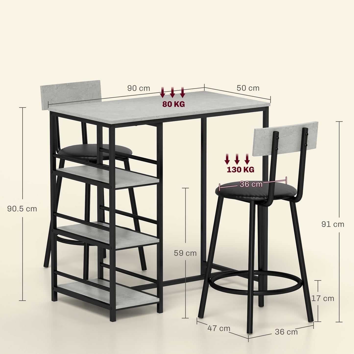 HOMCOM Three Piece Kitchen Dining Set With Shelves Space Saving Grey And Black Bar Table And Two Bar Chairs