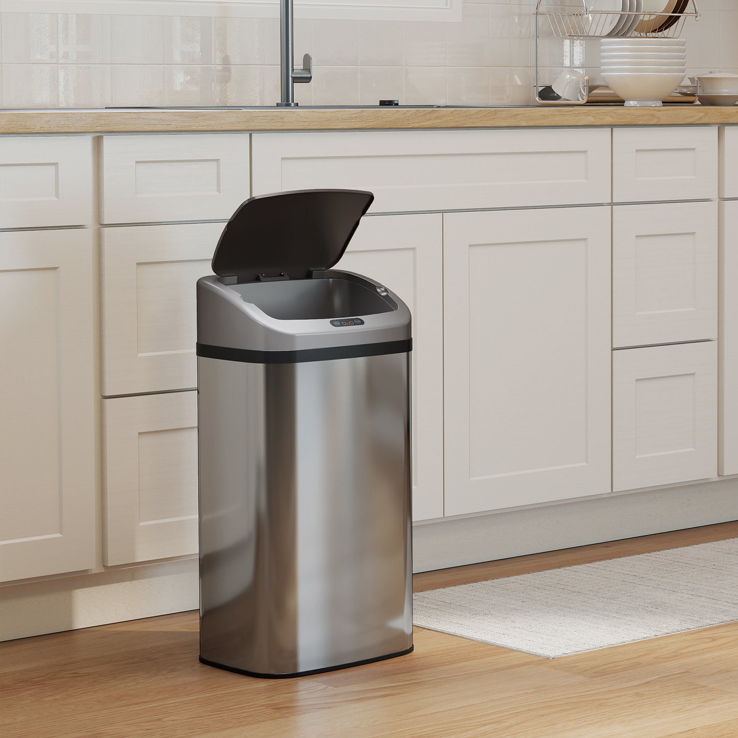 HOMCOM 48L Stainless Steel Sensor Bin Automatic Lid Infrared Sensor Kitchen Trash Can Silver Tone