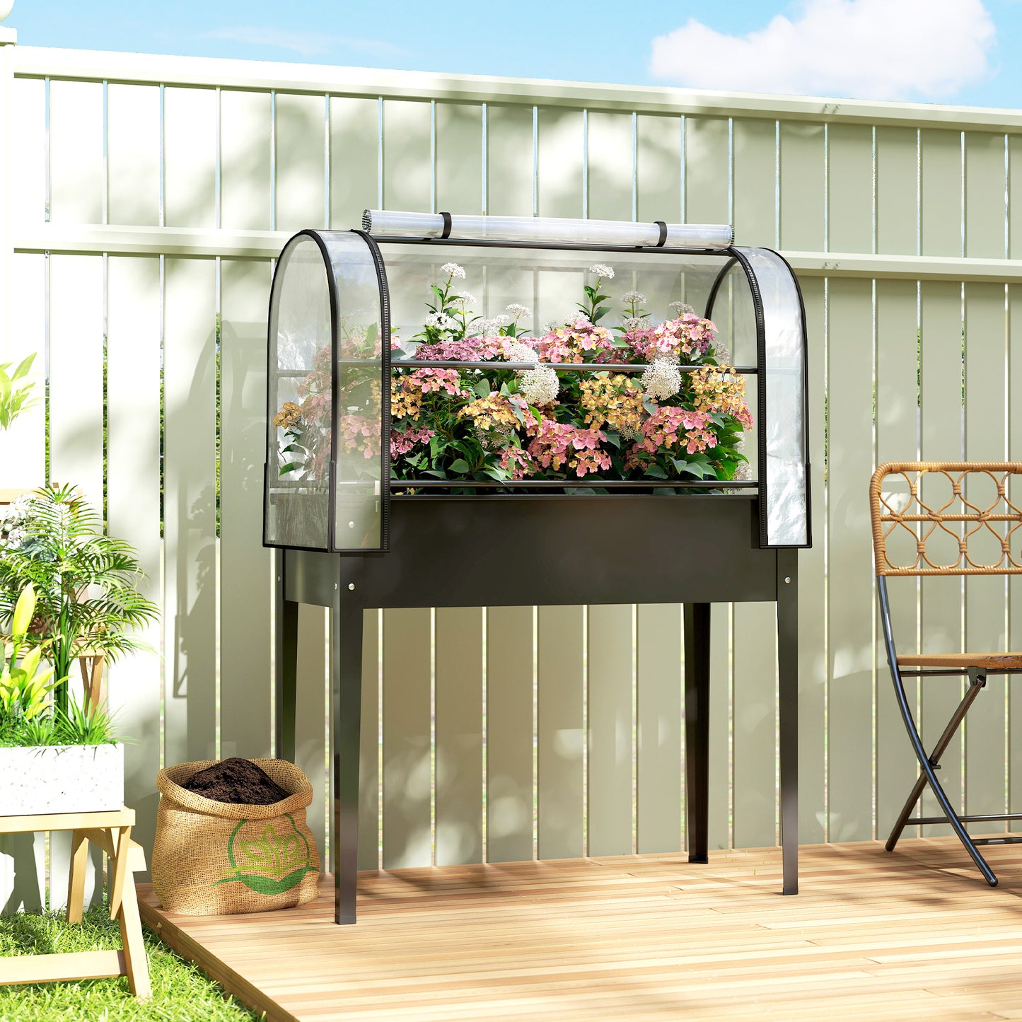 Outsunny Raised Planter With Flip Up Greenhouse Cover On Legs Drainage Hole Black Metal Garden Bed
