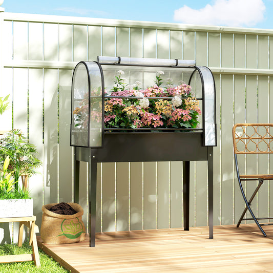 Outsunny Raised Planter With Flip Up Greenhouse Cover On Legs Drainage Hole Black Metal Garden Bed