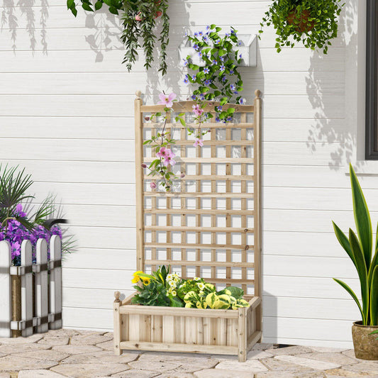 Outsunny Garden Planters with Trellis for Climbing Vines, Wood Raised Beds for Garden, Flower Pot, Indoor Outdoor, Natural - ALL4U RETAILER LTD