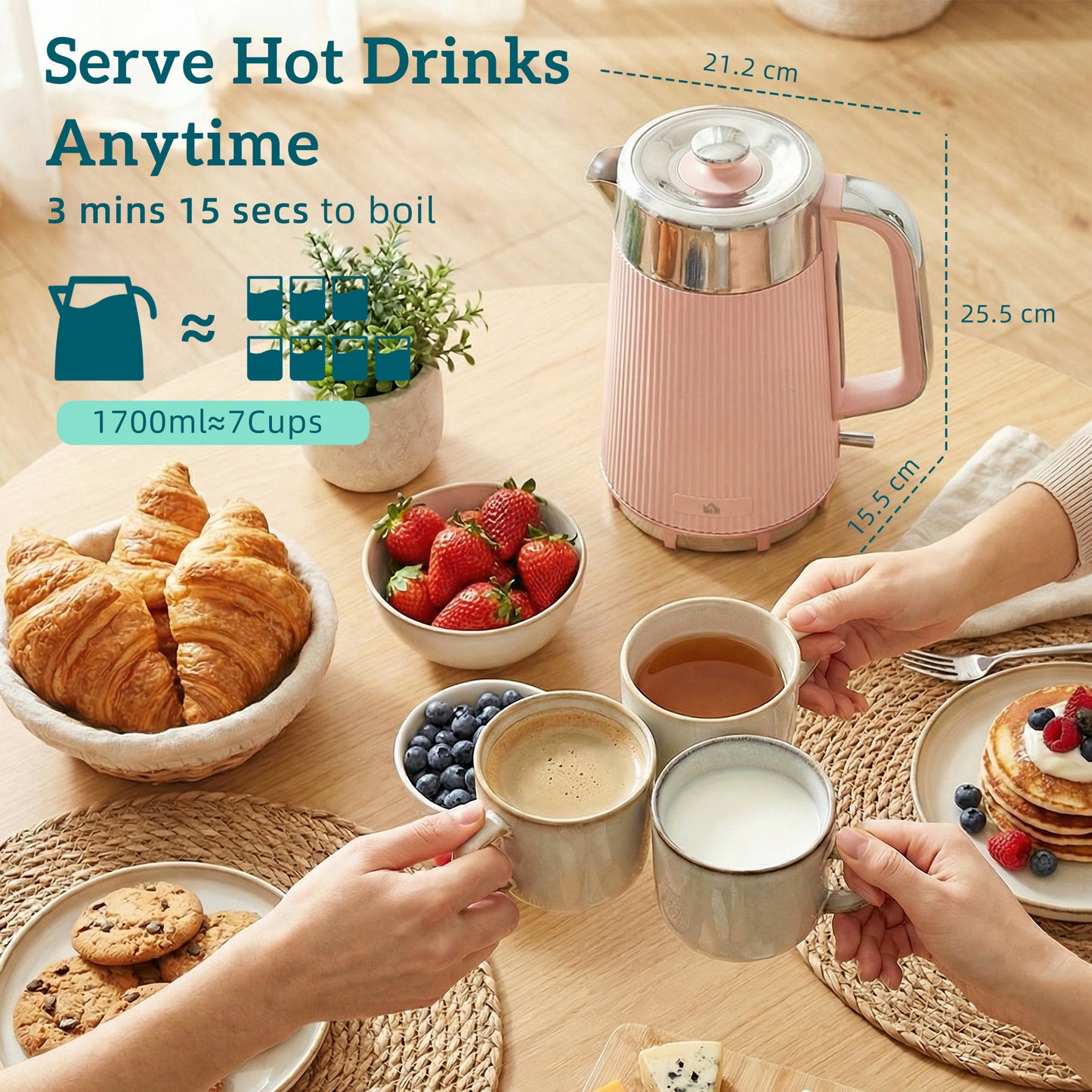 HOMCOM Electric Kettle And Four Slice Toaster Set 3000W 1.7L Pink UK Strix Thermostat Auto Shut Off
