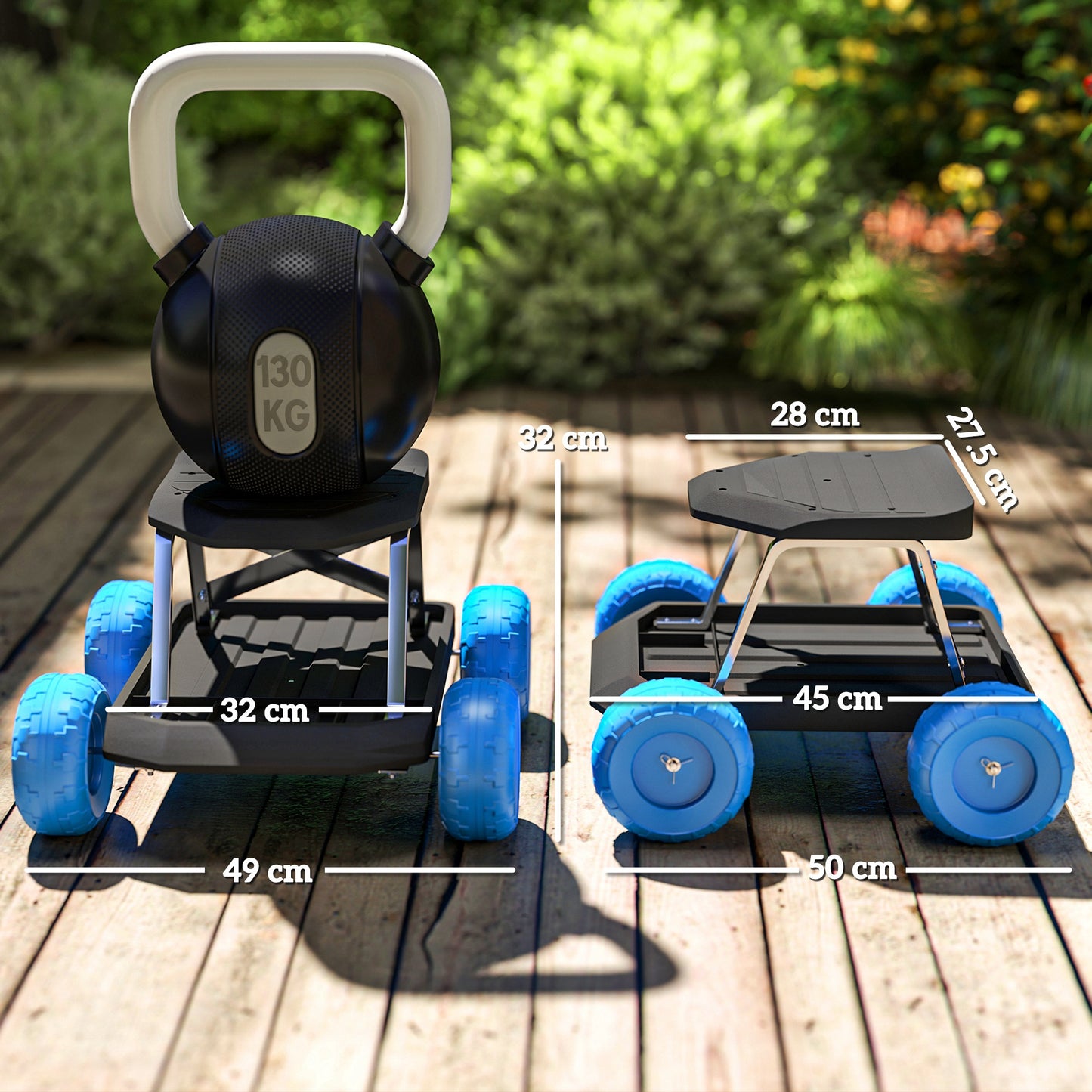 Outsunny Garden Storage Cart With Top Seat Blue Built In Tool Tray And Wide Plastic Wheels