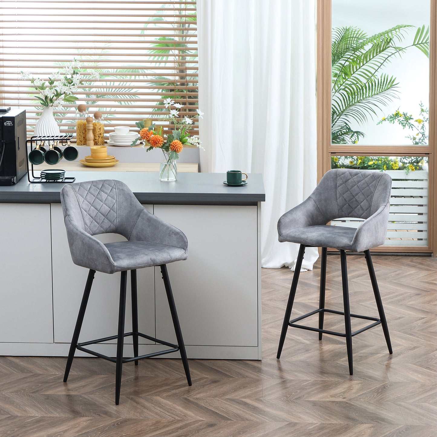 HOMCOM Bar Stools Set Of 2 Velvet Touch Fabric Counter Height Chairs With Steel Legs For Dining Area Kitchen Island Grey