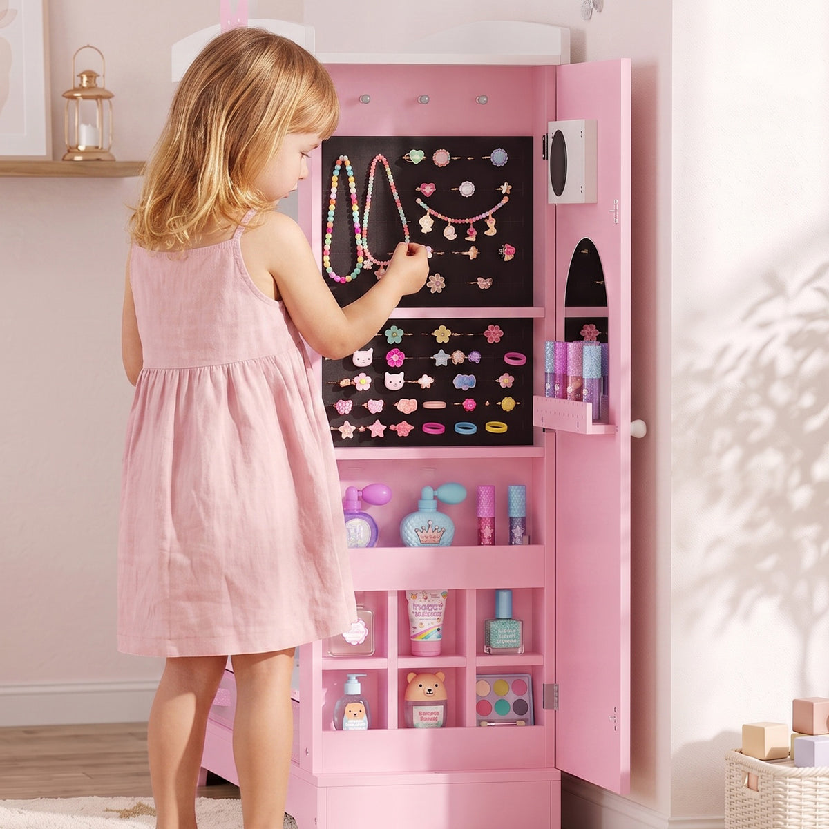 AIYAPLAY Kids Wardrobe With Lighted Mirror Pink Storage Cabinet For Bedroom