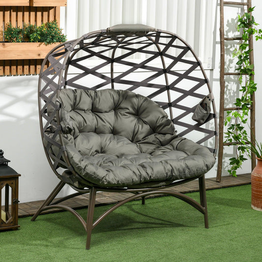 Outsunny 2 Seater Egg Chair Outdoor, Folding Weave Garden Furniture Chair with Cushion, Cup Pockets - Sand Brown - ALL4U RETAILER LTD