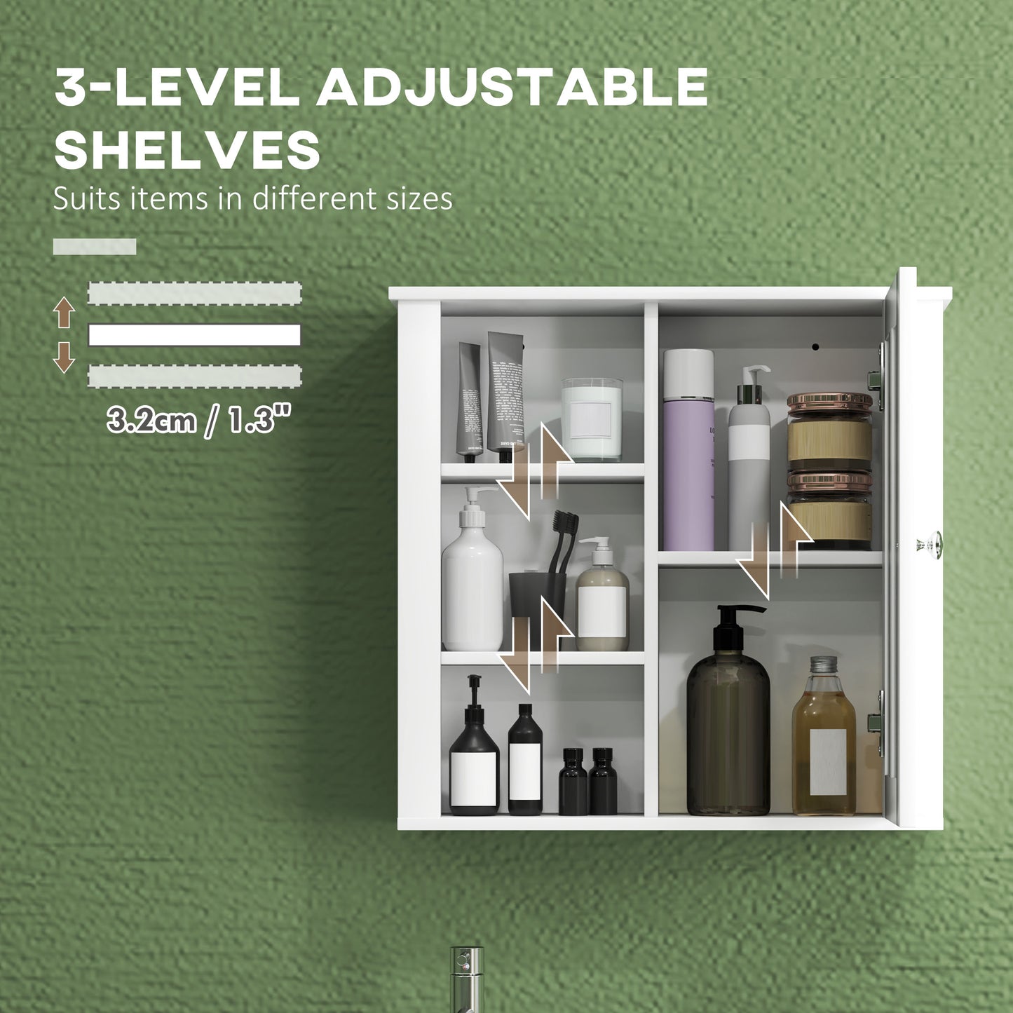 HOMCOM Wall Mounted Bathroom Storage Cabinet White With Two Shelves And Three Open Side Shelves