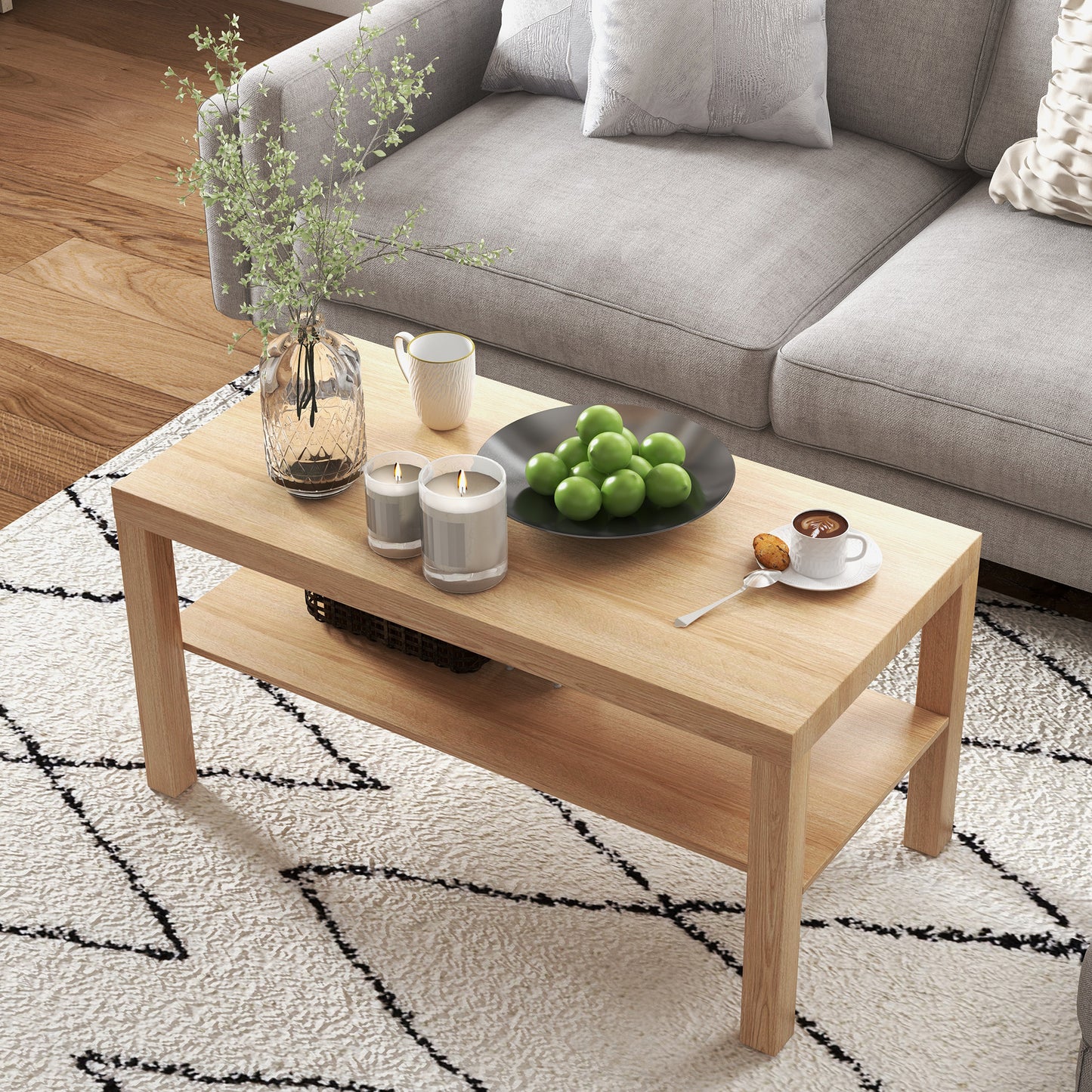 HOMCOM 2 Tier Coffee Table With Storage Shelf Rectangular Table For Living Room And Home Office Natural Wood Finish