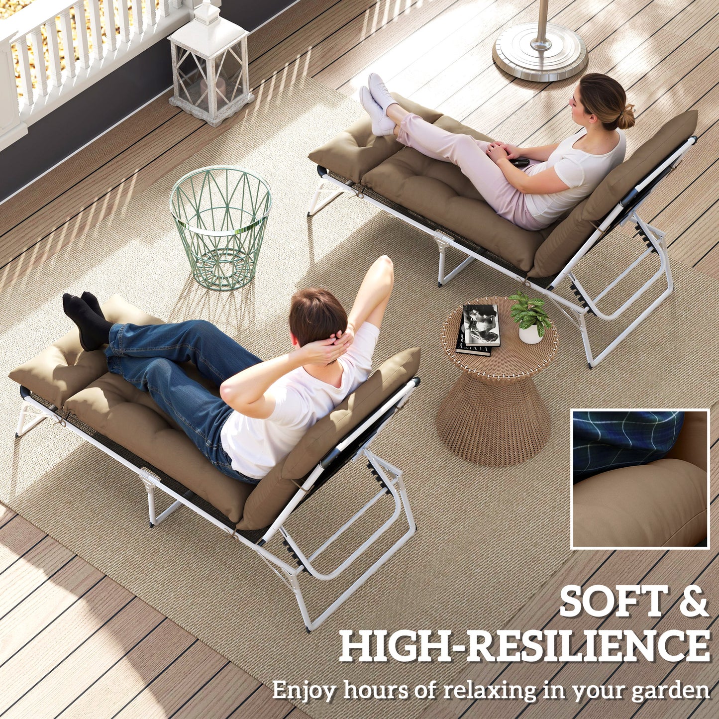 Outsunny Set Of Two 190 By 56 Cm Sun Lounger Cushions For Outdoor Recliners In Khaki With High Resilience Foam