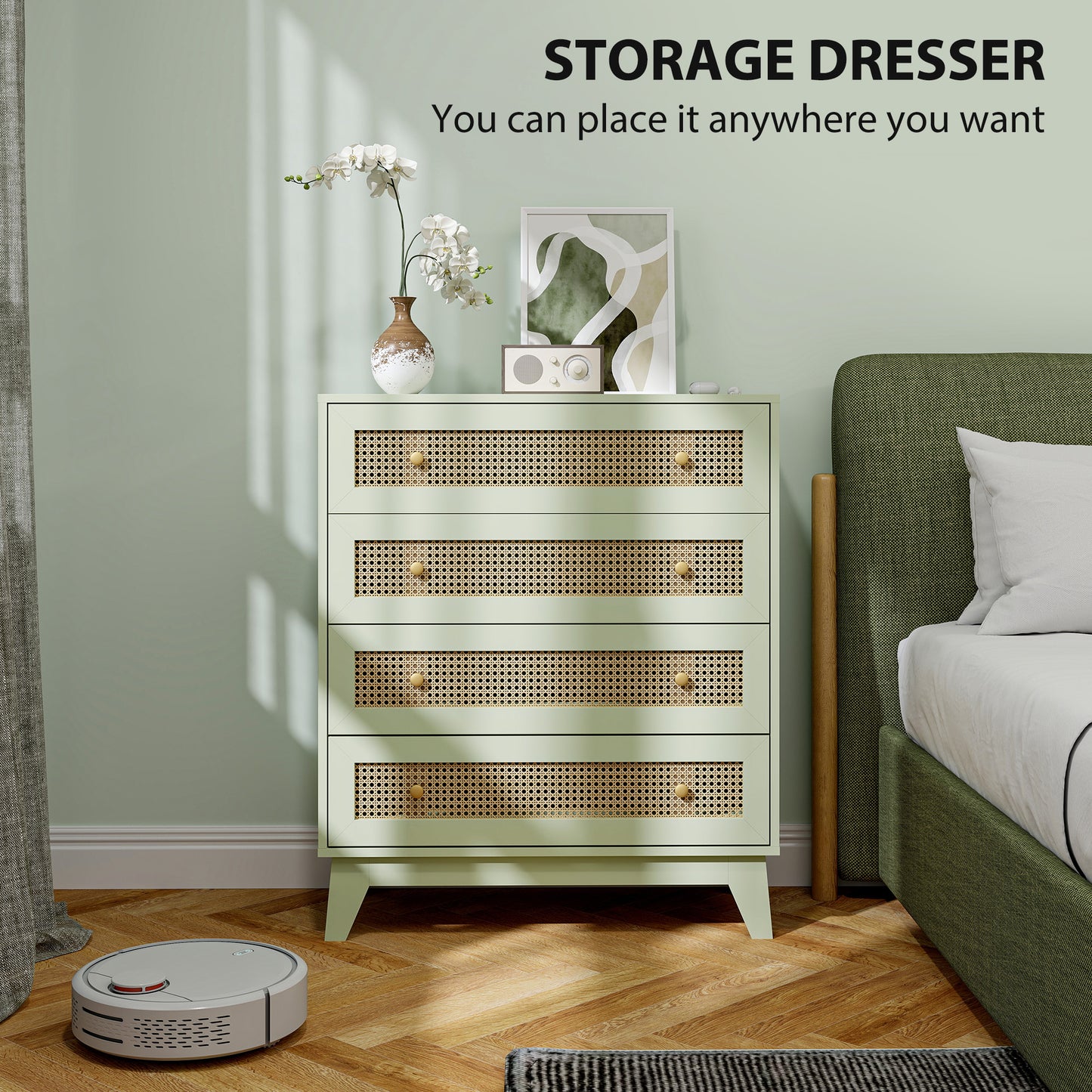 HOMCOM Chest Of Drawers 4 Drawer Storage Organiser With Rattan Weave Panel For Bedroom And Living Room In Light Green