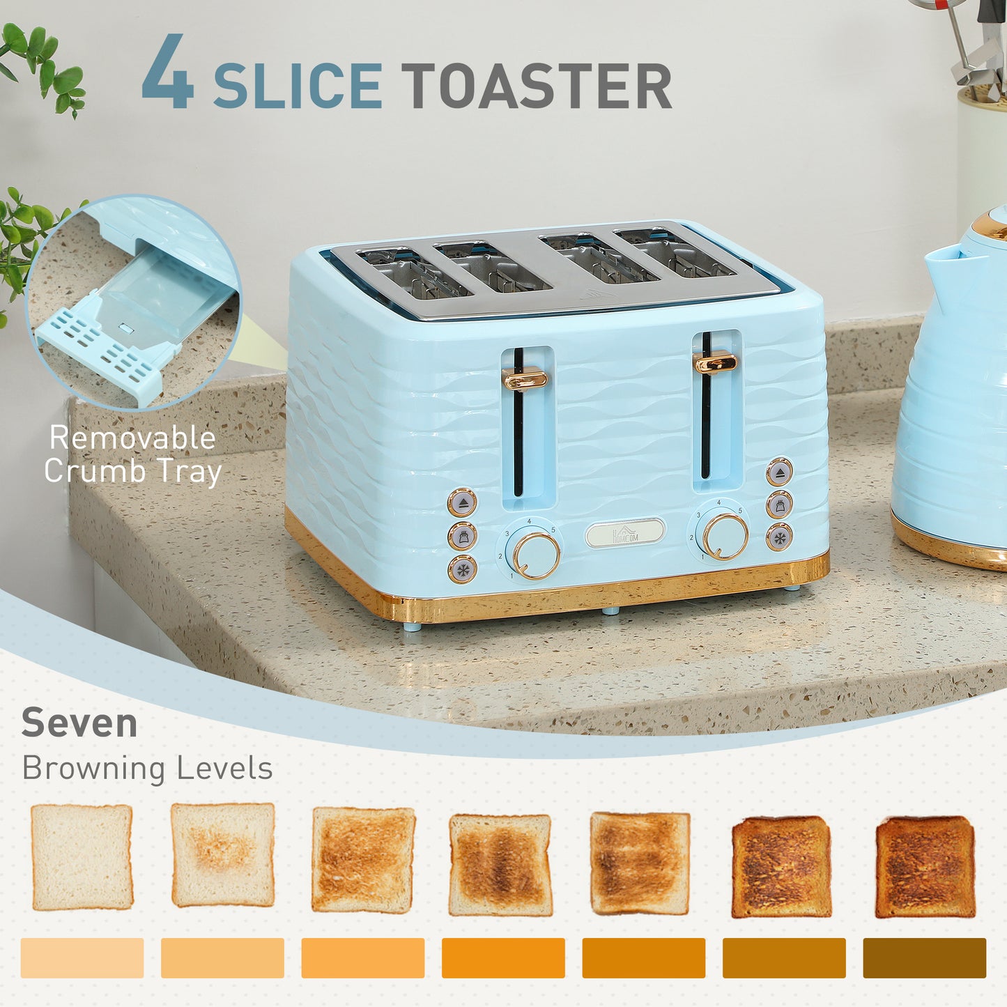 HOMCOM 3000W Kettle and 4 Slice Toaster Set with 7 Browning Levels Crumb Tray Light Blue