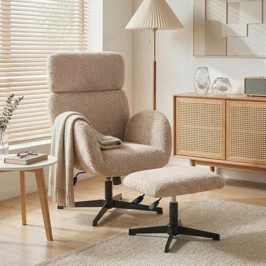 HOMCOM Swivel Armchair And Footstool Set With Height Adjustable Headrest, Rocking Function, Light Brown Velvet
