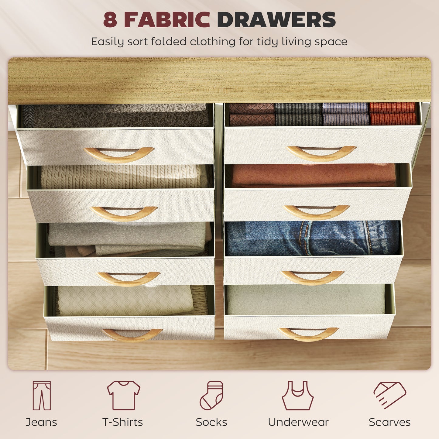 HOMCOM Chest Of Eight Fabric Drawers Beige With Steel X Frame And Four Side Pockets And Two Hooks