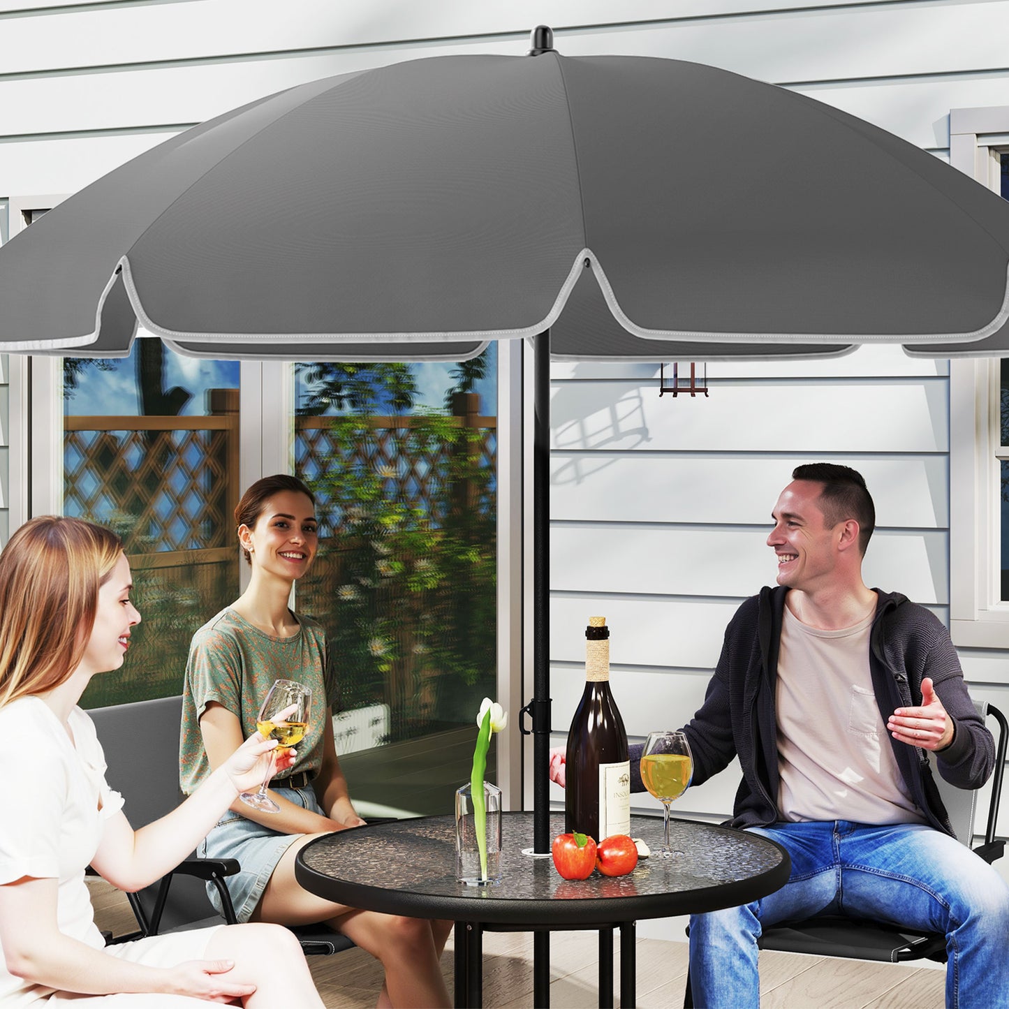 Outsunny 4 Seater Outdoor Garden Furniture Set With Parasol Round Glass Top Table And Folding Chairs For Patio Grey