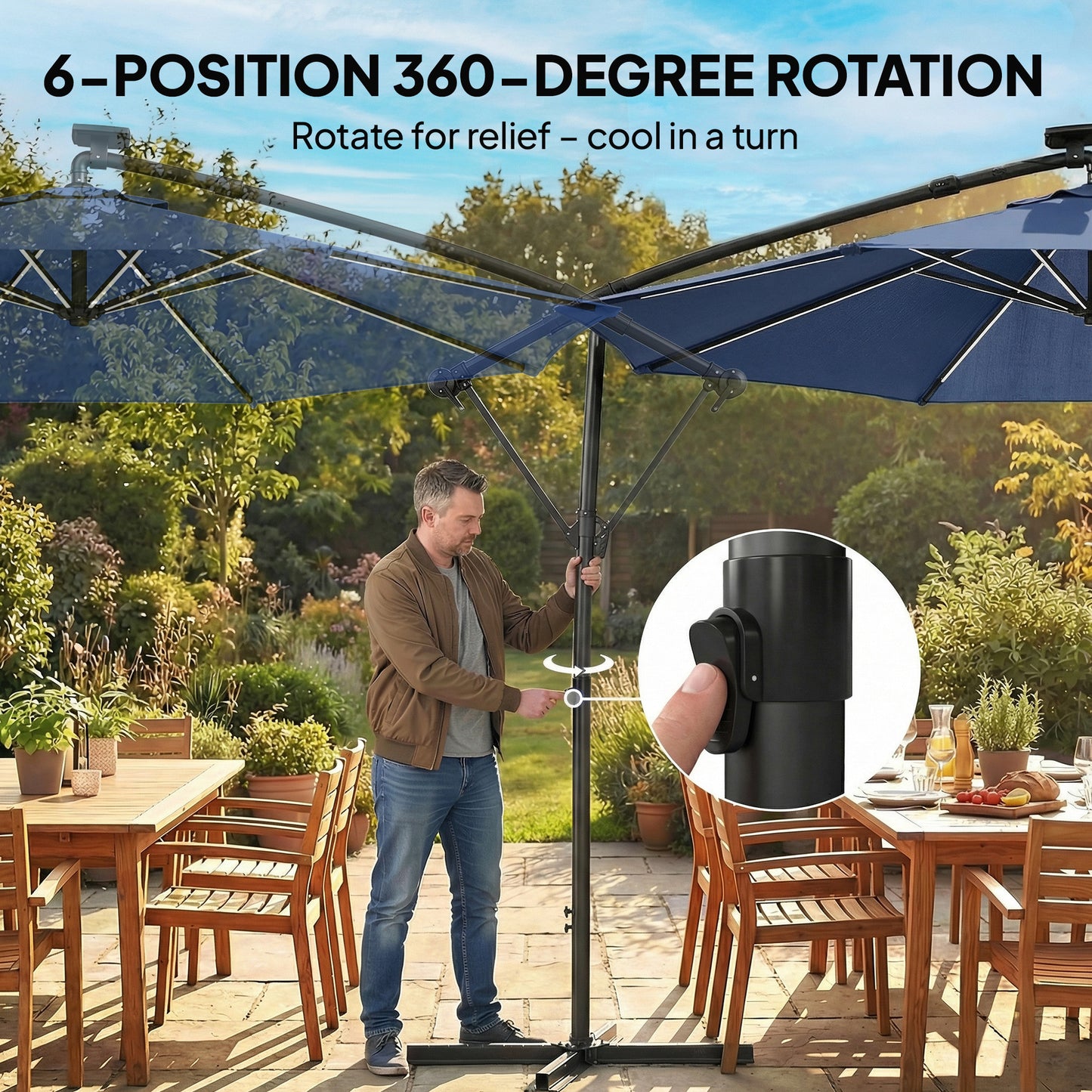Outsunny Three Meter Garden Cantilever Parasol With LED Solar Light, Round Umbrella With 360 Degree Rotation, Navy Blue
