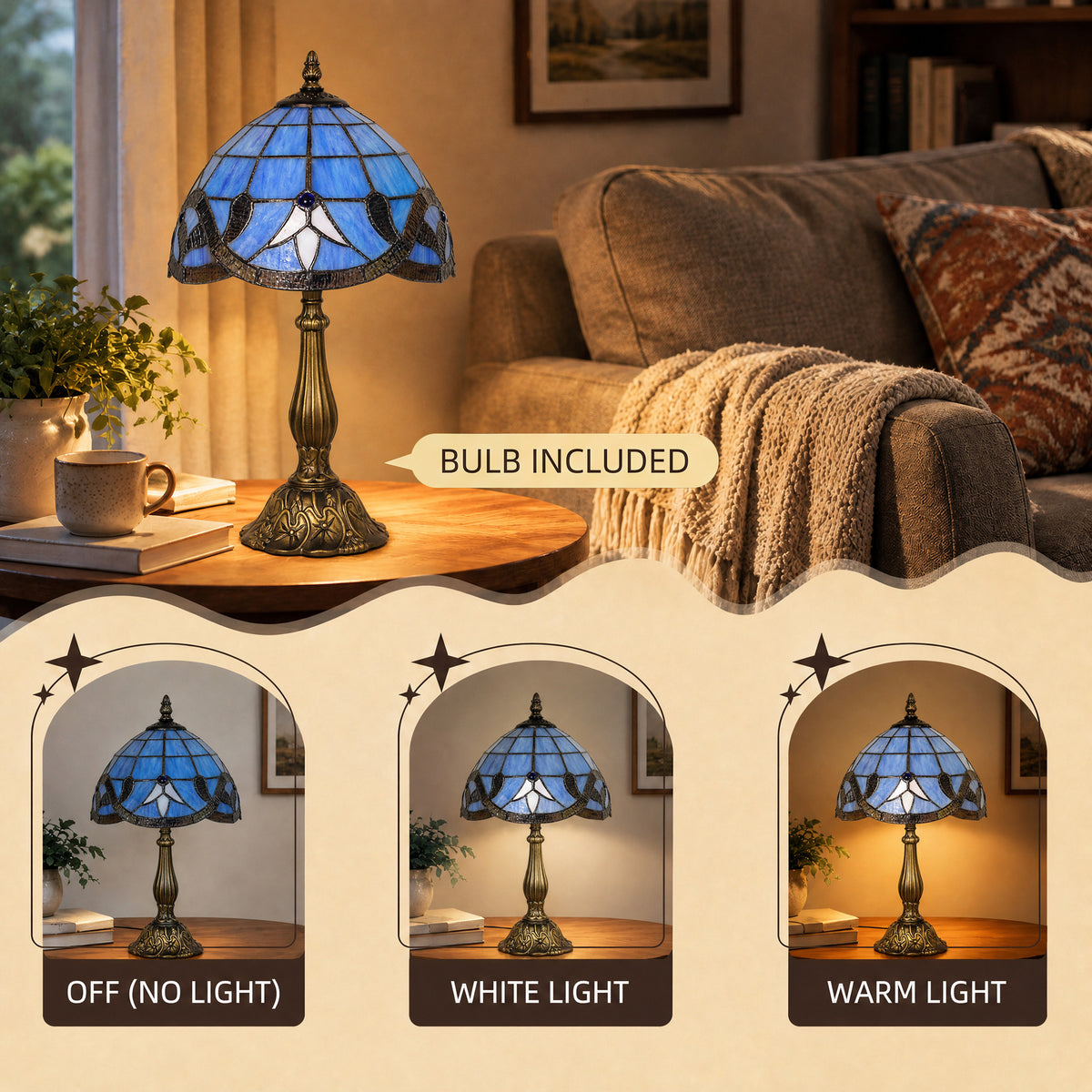 Tiffany-style blue stained glass table lamp with bronze base glowing on a side table