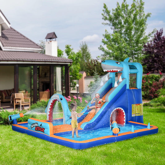 Outsunny 6 in 1 Shark-Themed Bouncy Castle, Inflatable Water Park, with Slide, Pool, Trampoline, Blower, for Ages 3-8 Years - ALL4U RETAILER LTD
