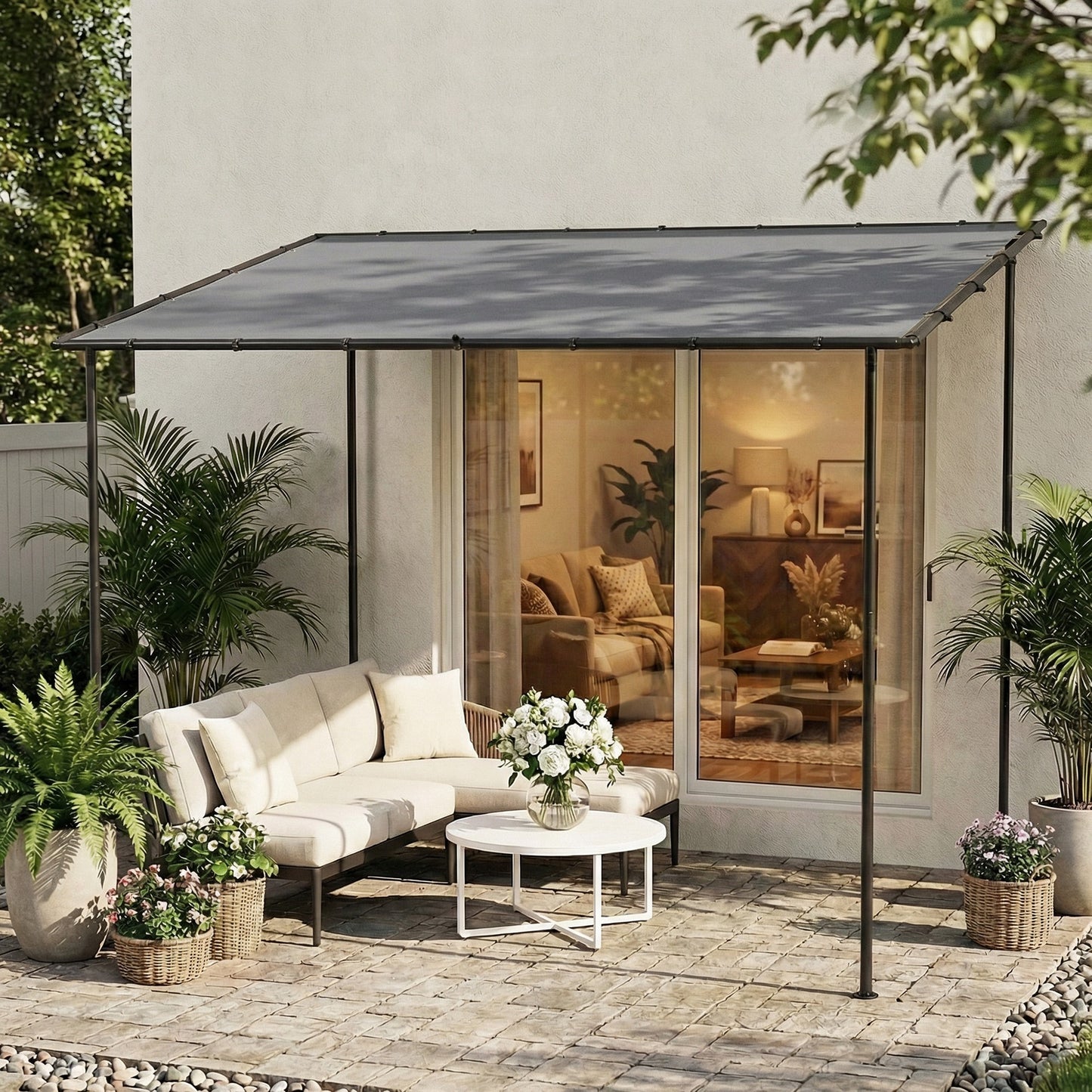 Outsunny 3 x 2 m Lean To Garden Pergola With Metal Frame Gazebo Sloped Roof UPF 30 Protection Drainage Holes Grey