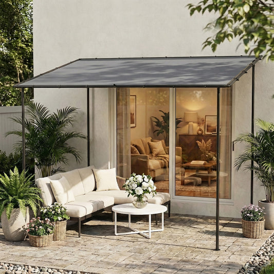 Outsunny 3 x 2 m Lean To Garden Pergola With Metal Frame Gazebo Sloped Roof UPF 30 Protection Drainage Holes Grey