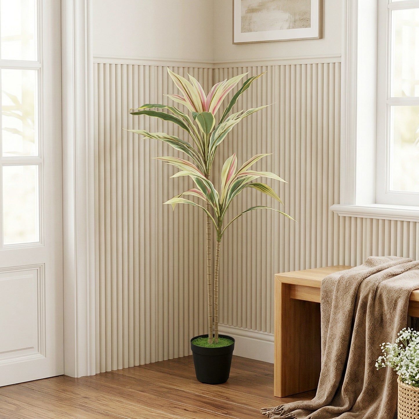 HOMCOM 90 Cm Artificial Cordyline Tree In Moss Effect Pot Realistic PEVA Faux Plant Yellow