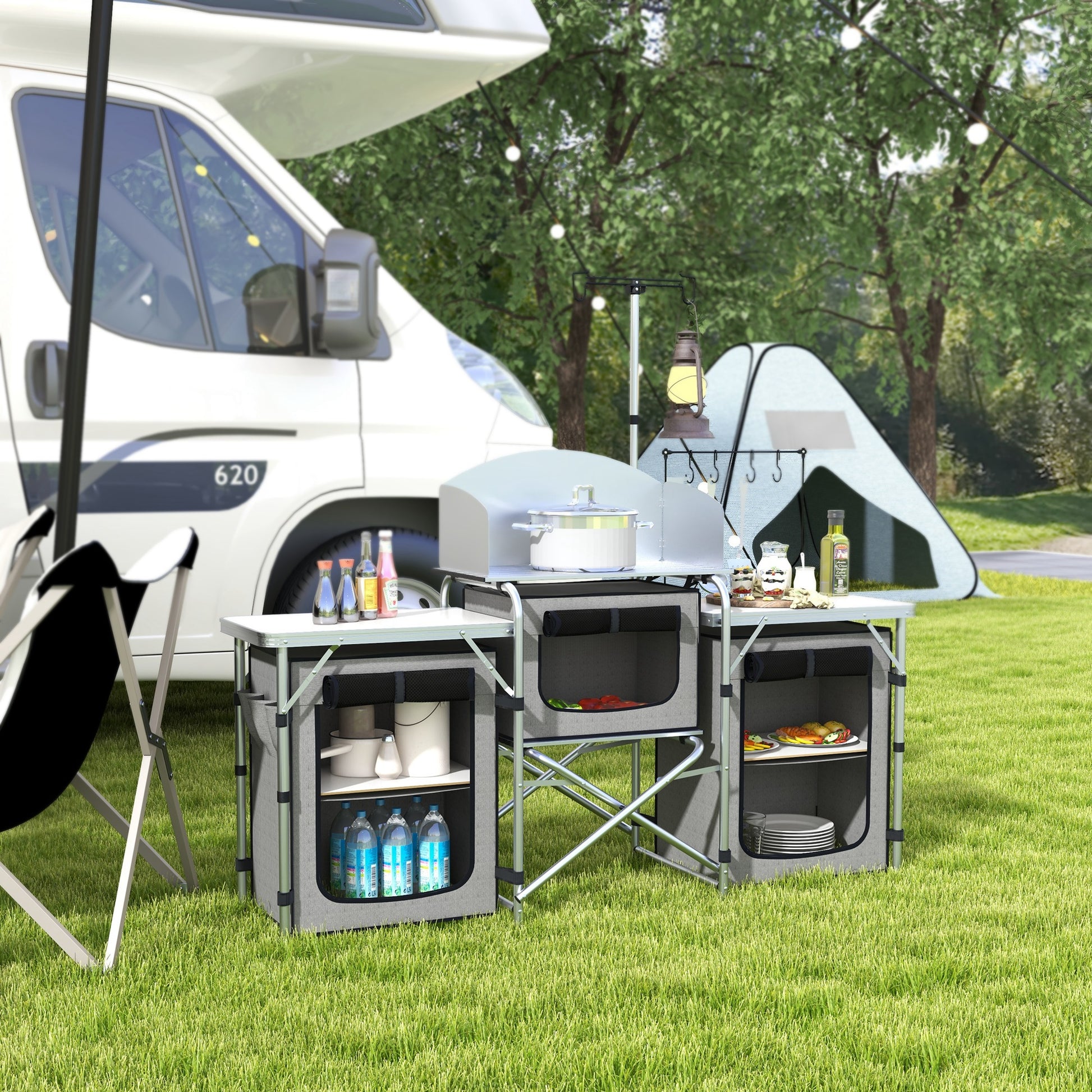 Outsunny Portable Aluminium Camping Kitchen with Windshield & Storage Solutions for BBQ Adventures - ALL4U RETAILER LTD