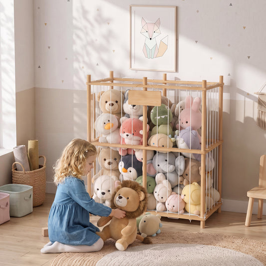 Wooden stuffed animal storage zoo organizer with open shelves packed with plush animals